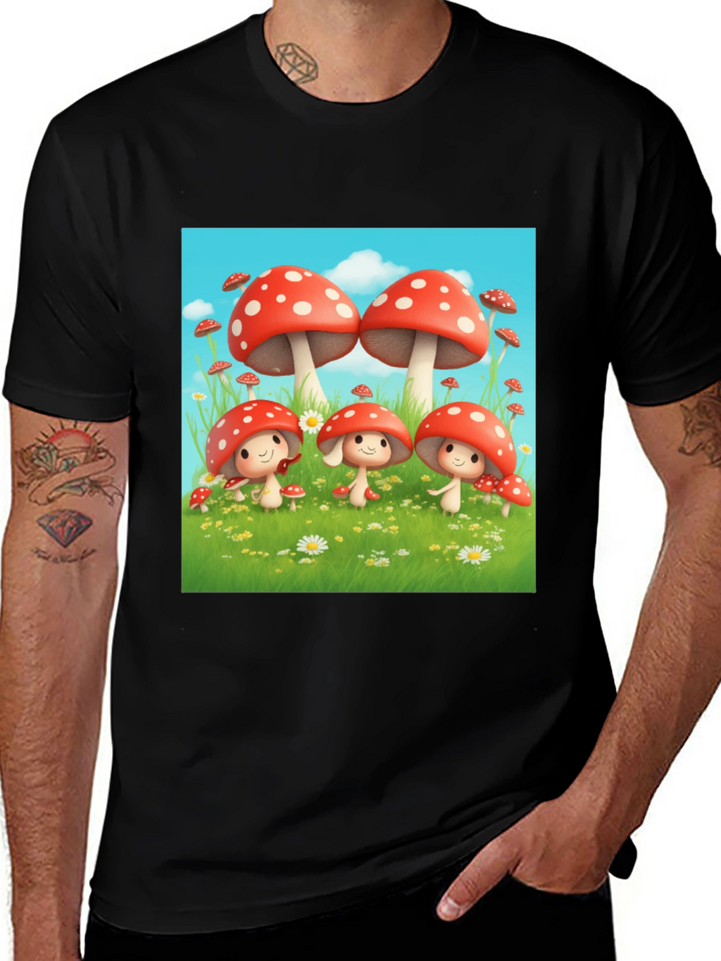 Mushroom Crew Graphic Tee - Black Cotton Shirt