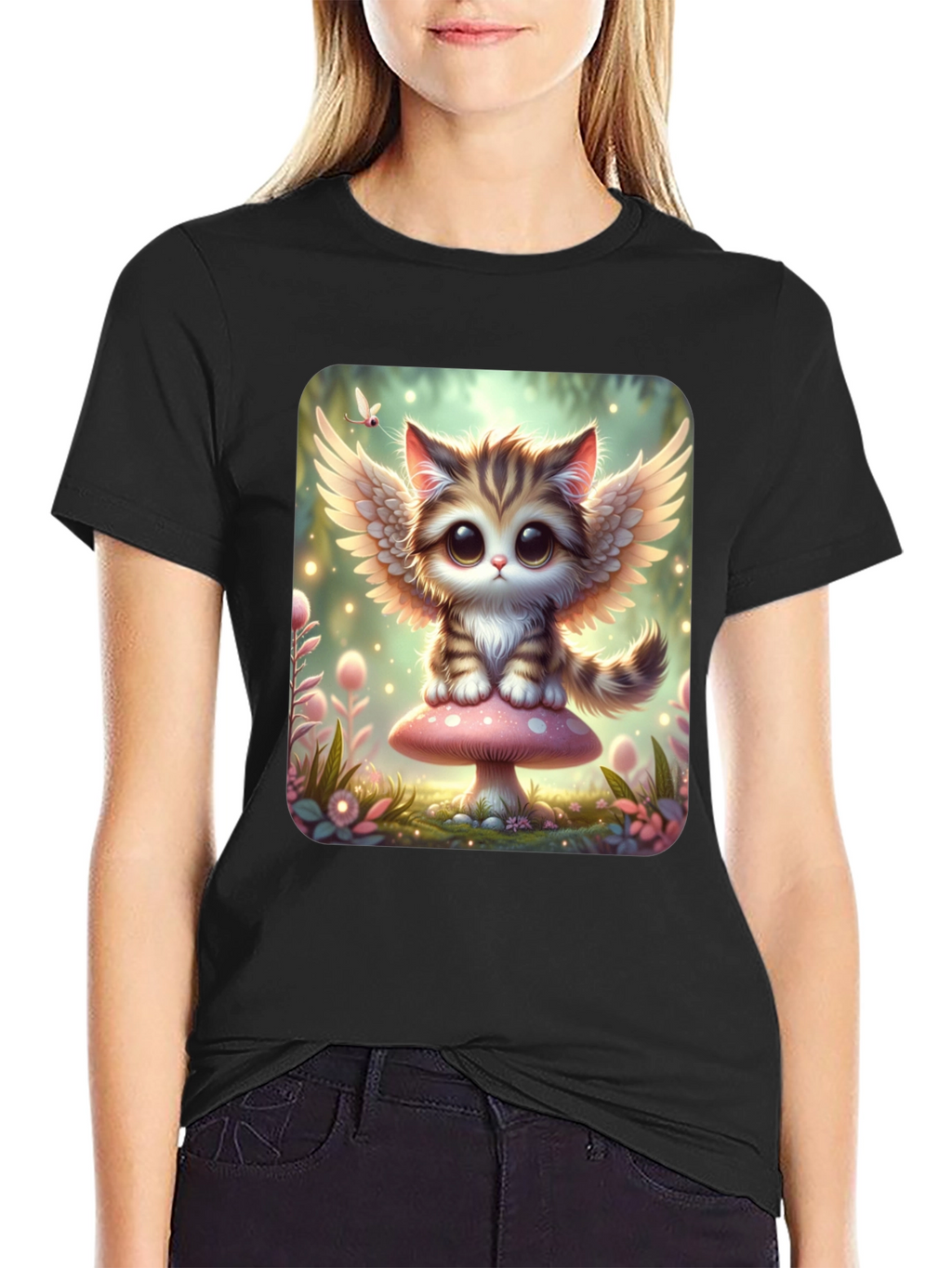 Cute Angel Kitty T-Shirt - Black