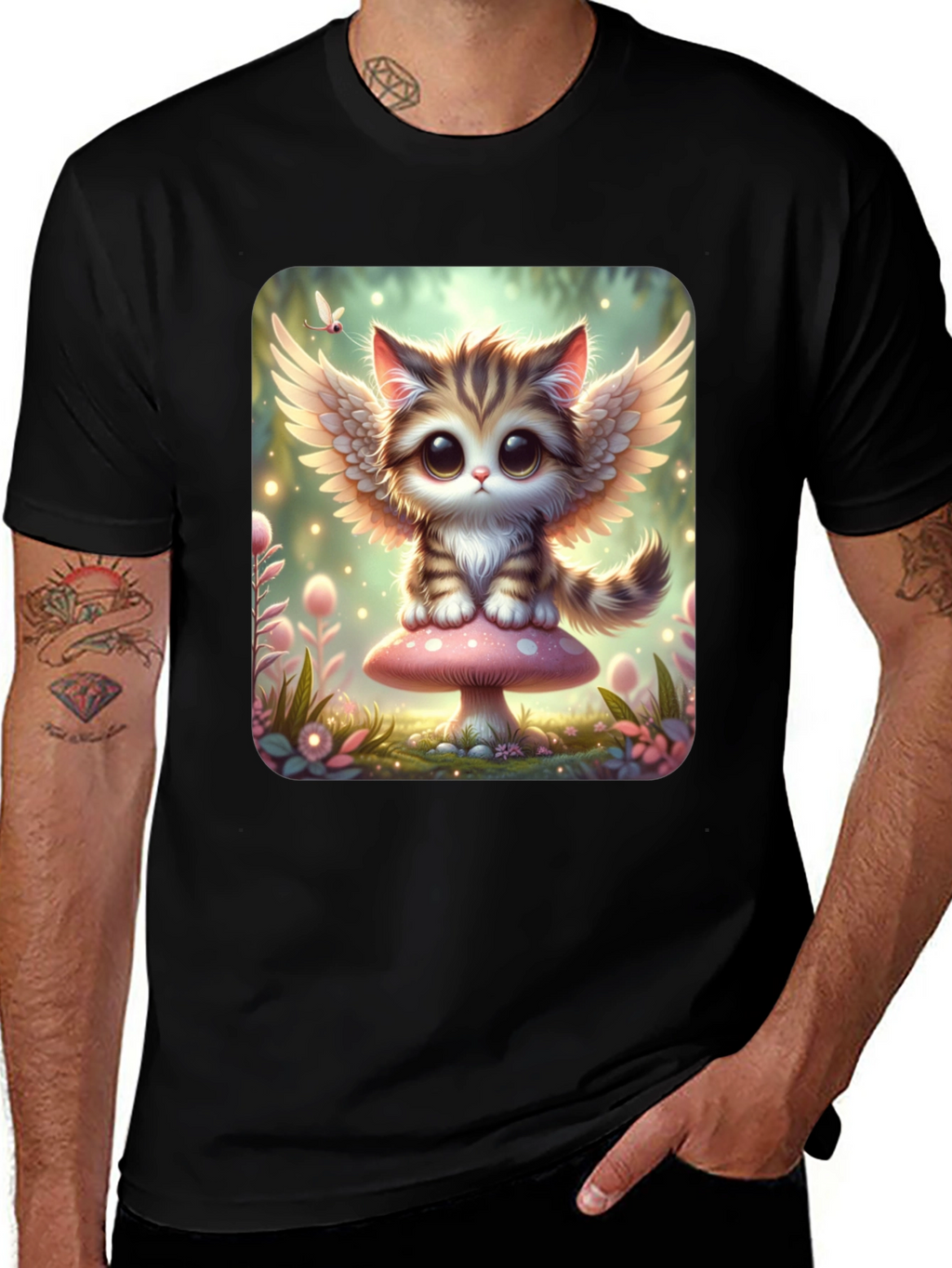 Cute Angel Kitty T-Shirt - Black