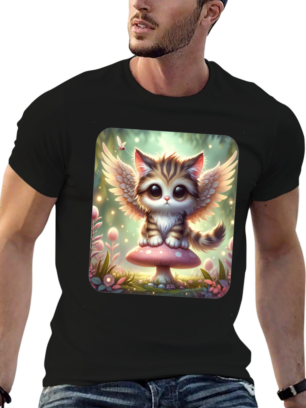 Cute Angel Kitty T-Shirt - Black