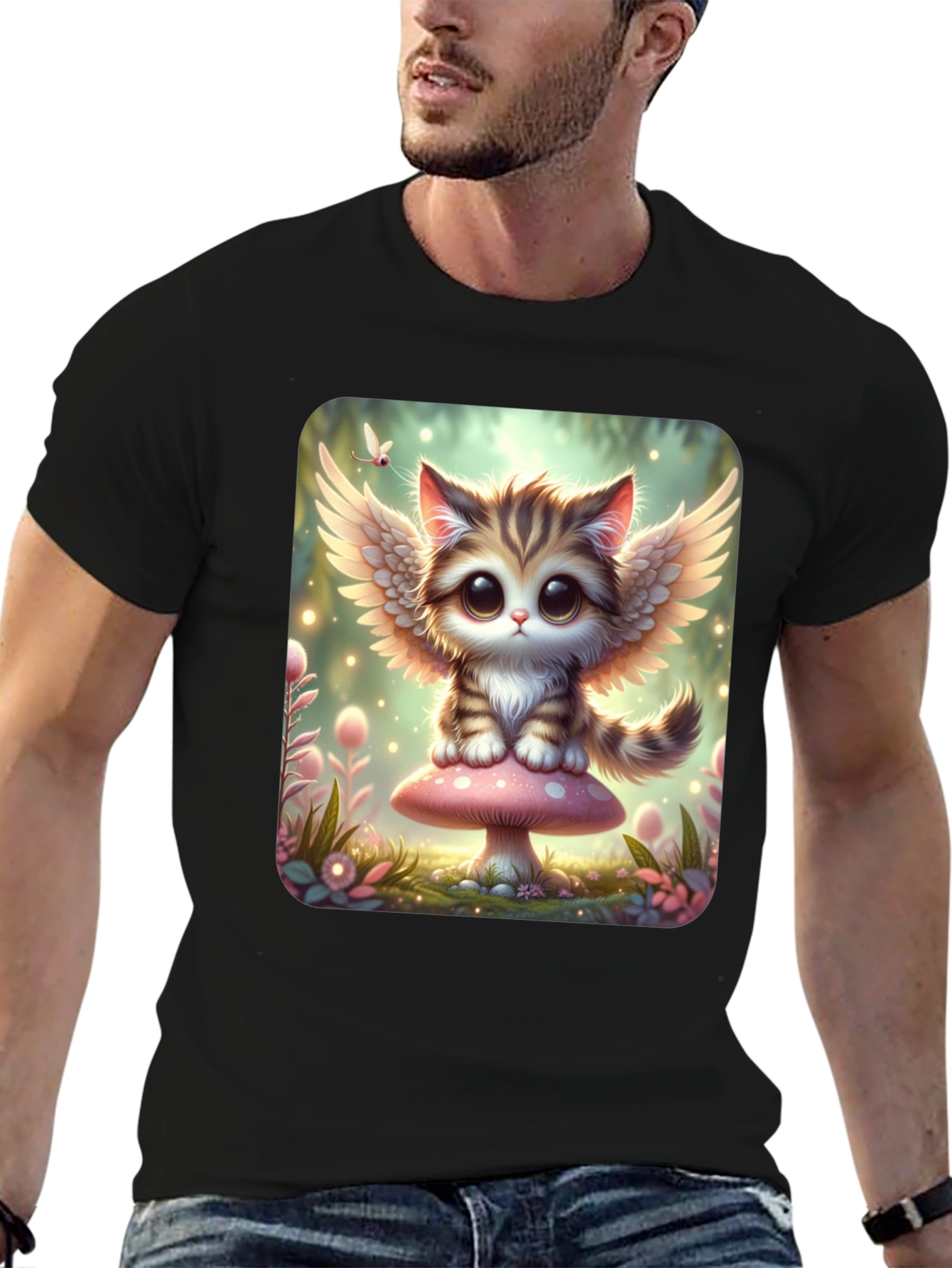 Cute Angel Kitty T-Shirt - Black