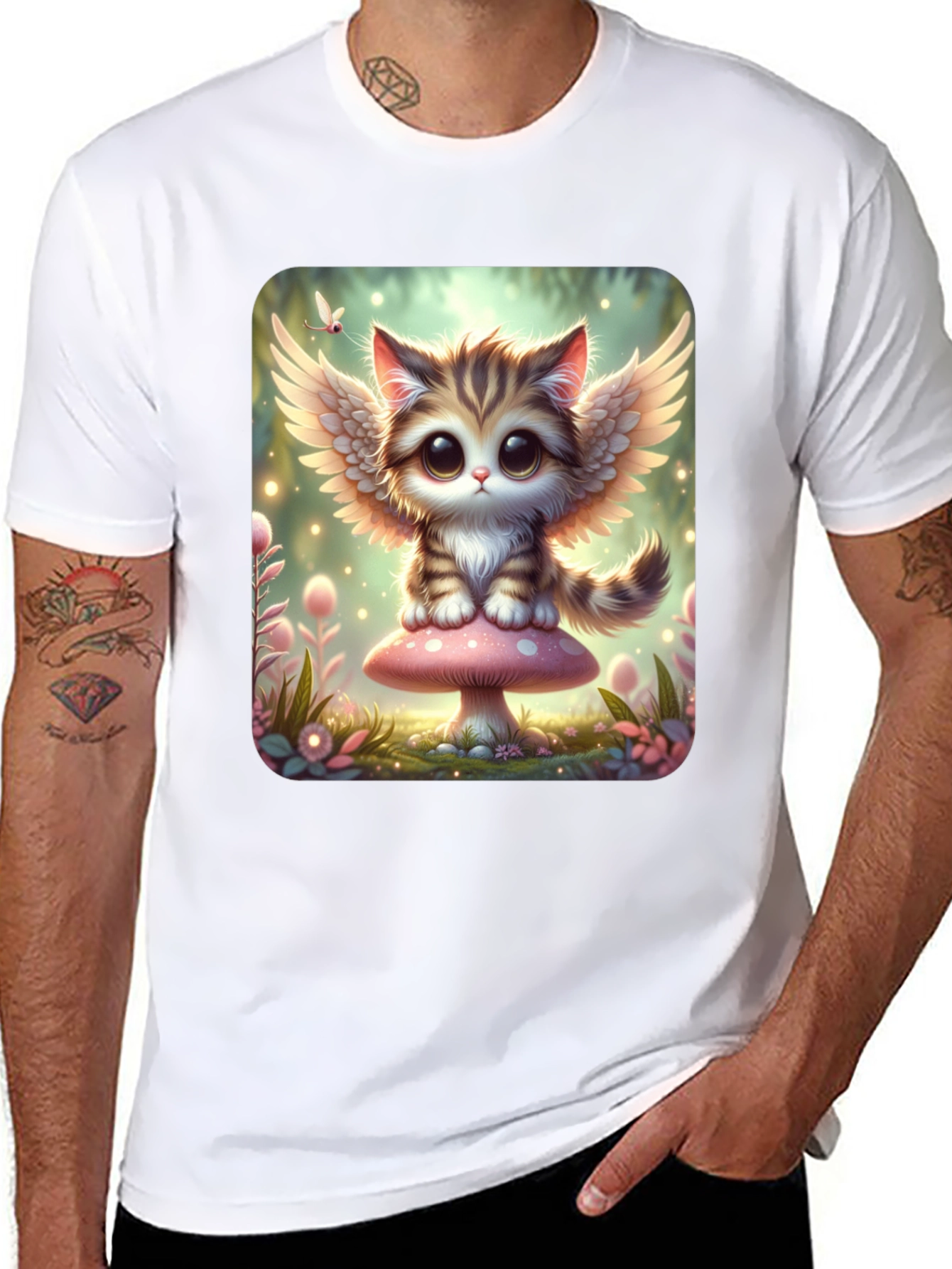 Cute Angel Kitty T-Shirt - Black