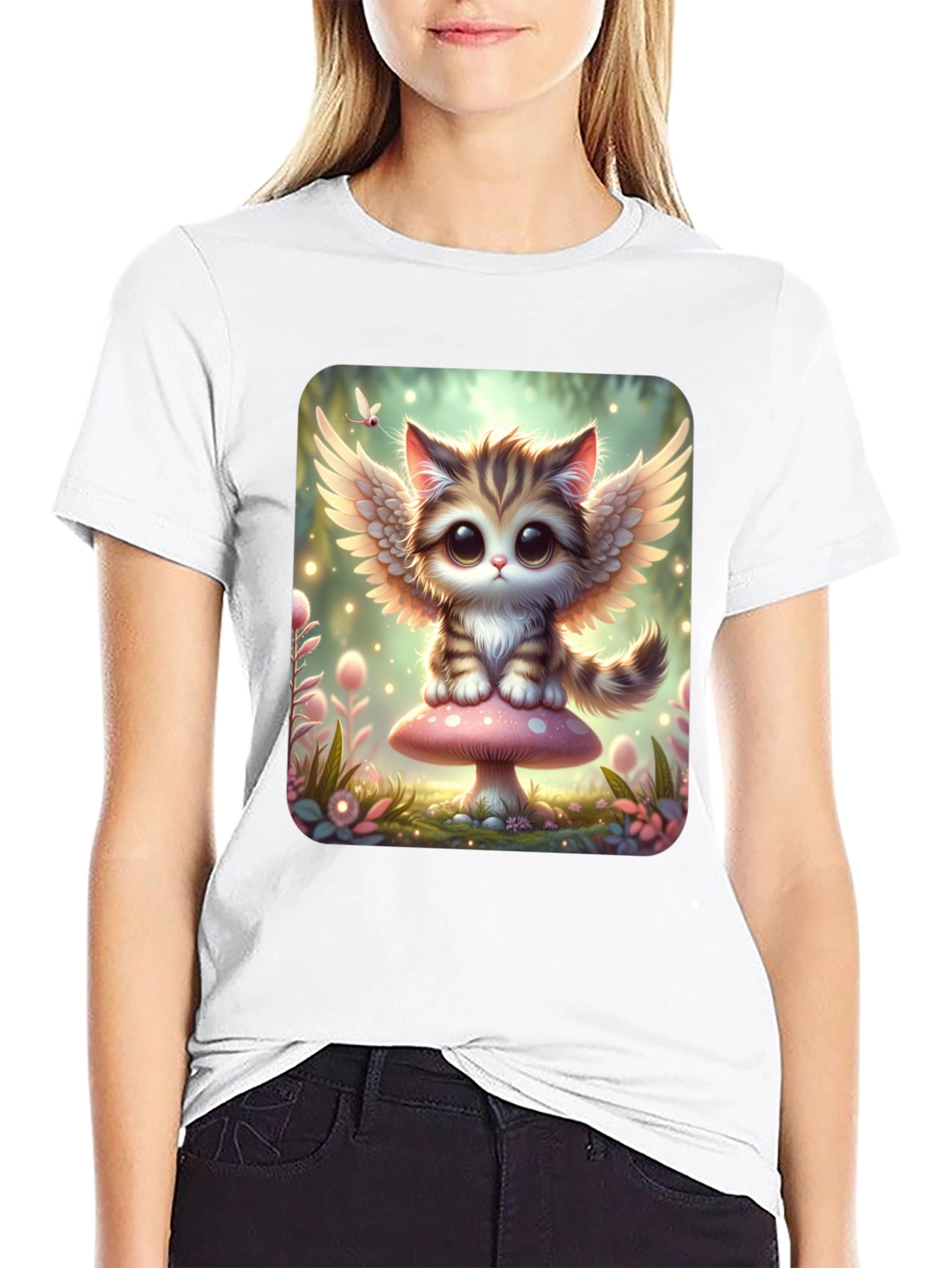 Cute Angel Kitty T-Shirt - Black