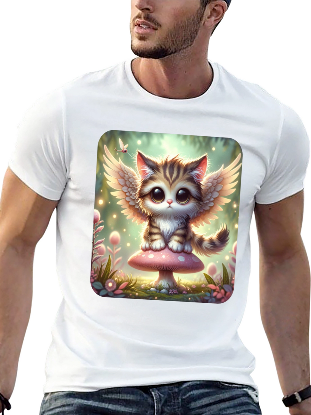 Cute Angel Kitty T-Shirt - Black
