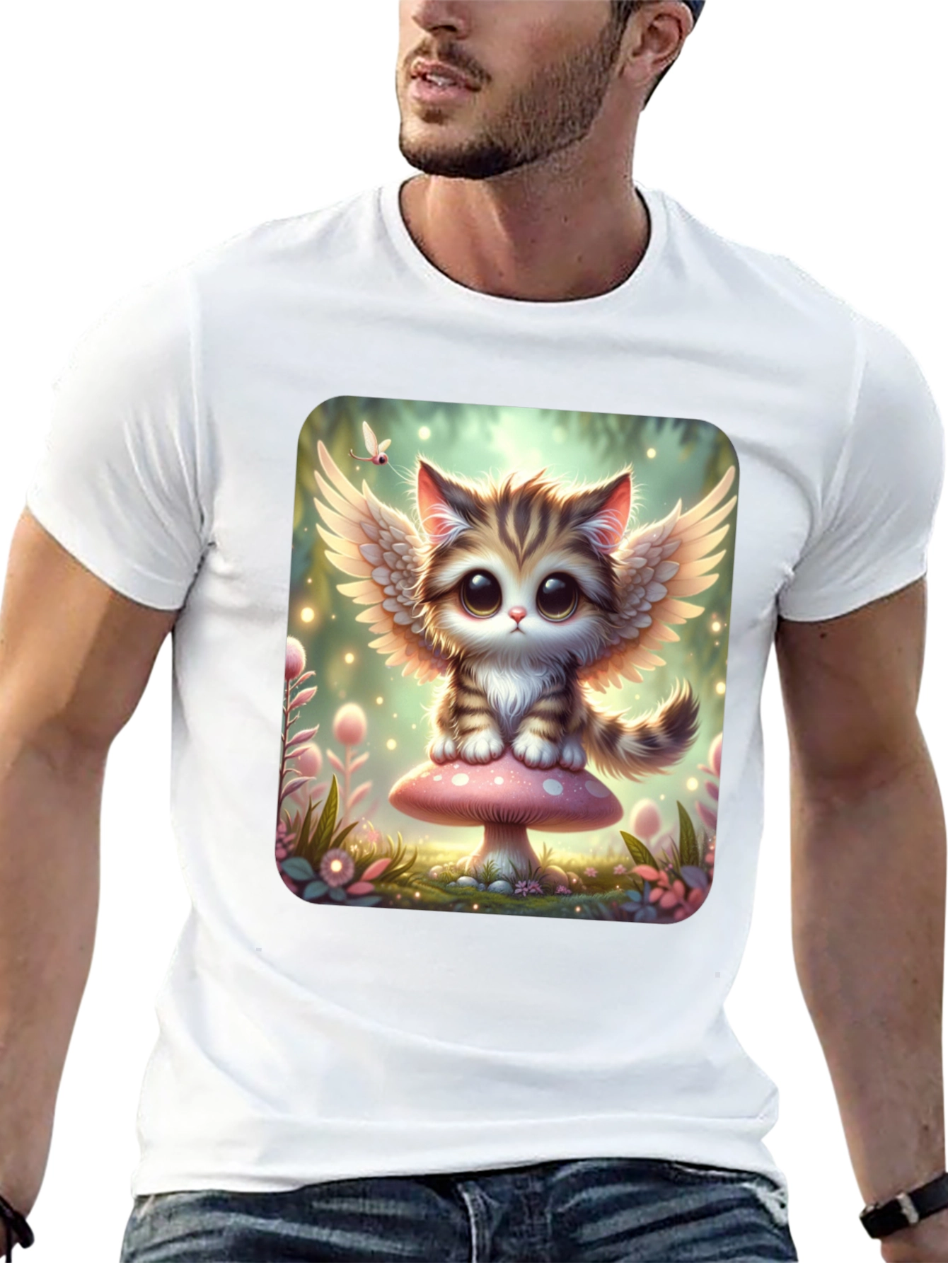 Cute Angel Kitty T-Shirt - Black