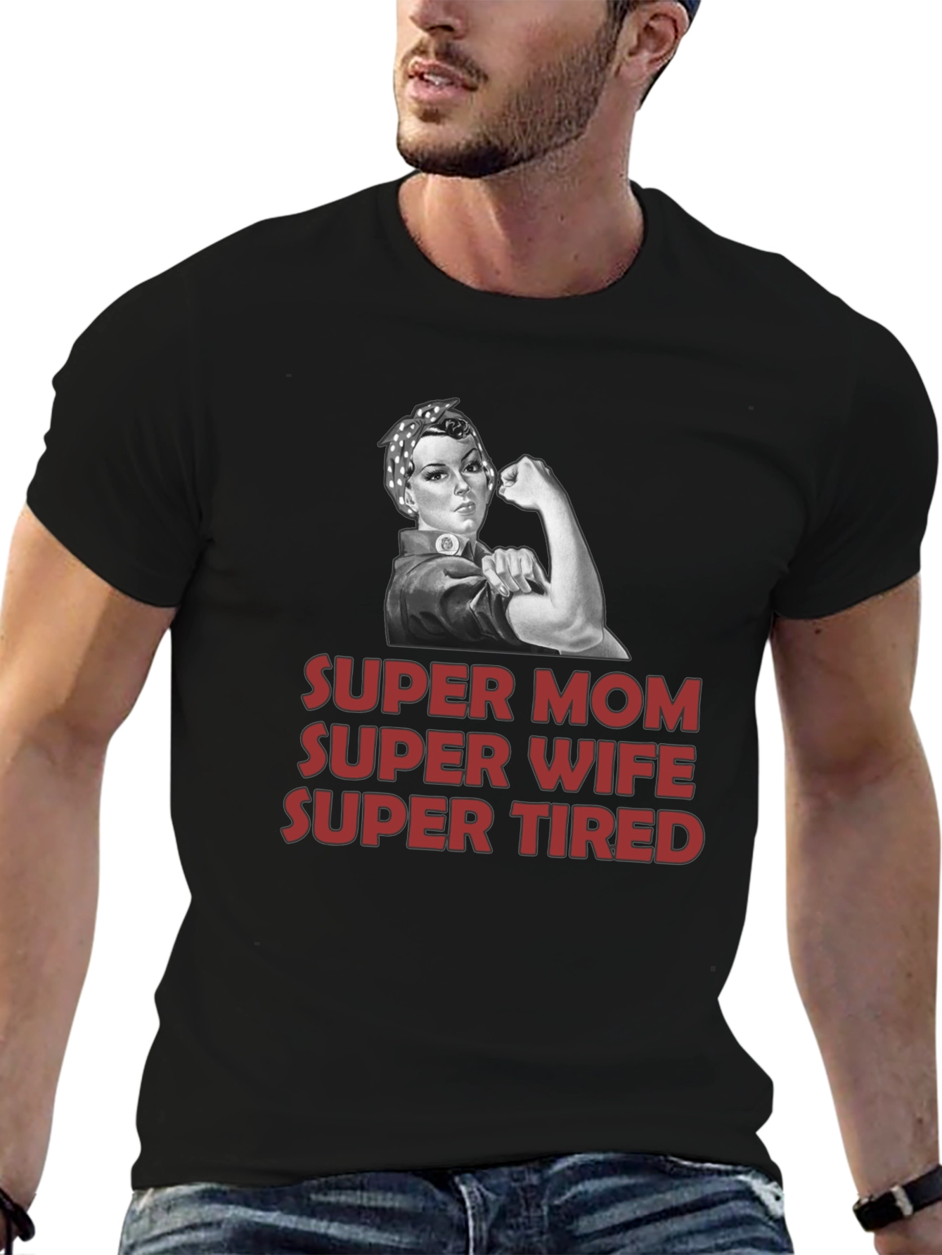 Super Mom Wife Tired Graphic T-Shirt - Black