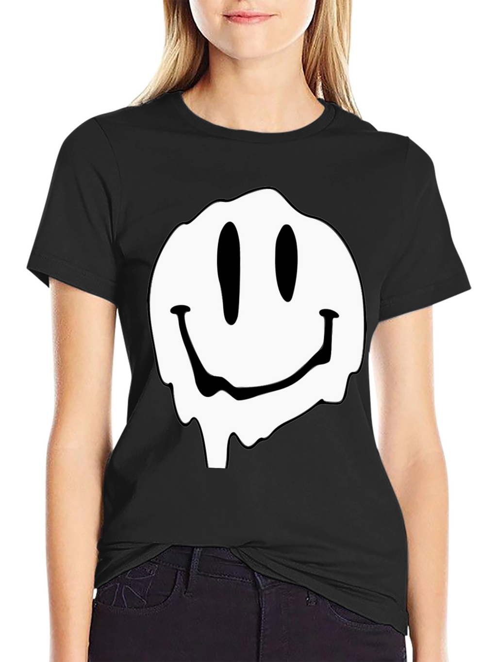 Melting Smiley Face Graphic Black T-Shirt