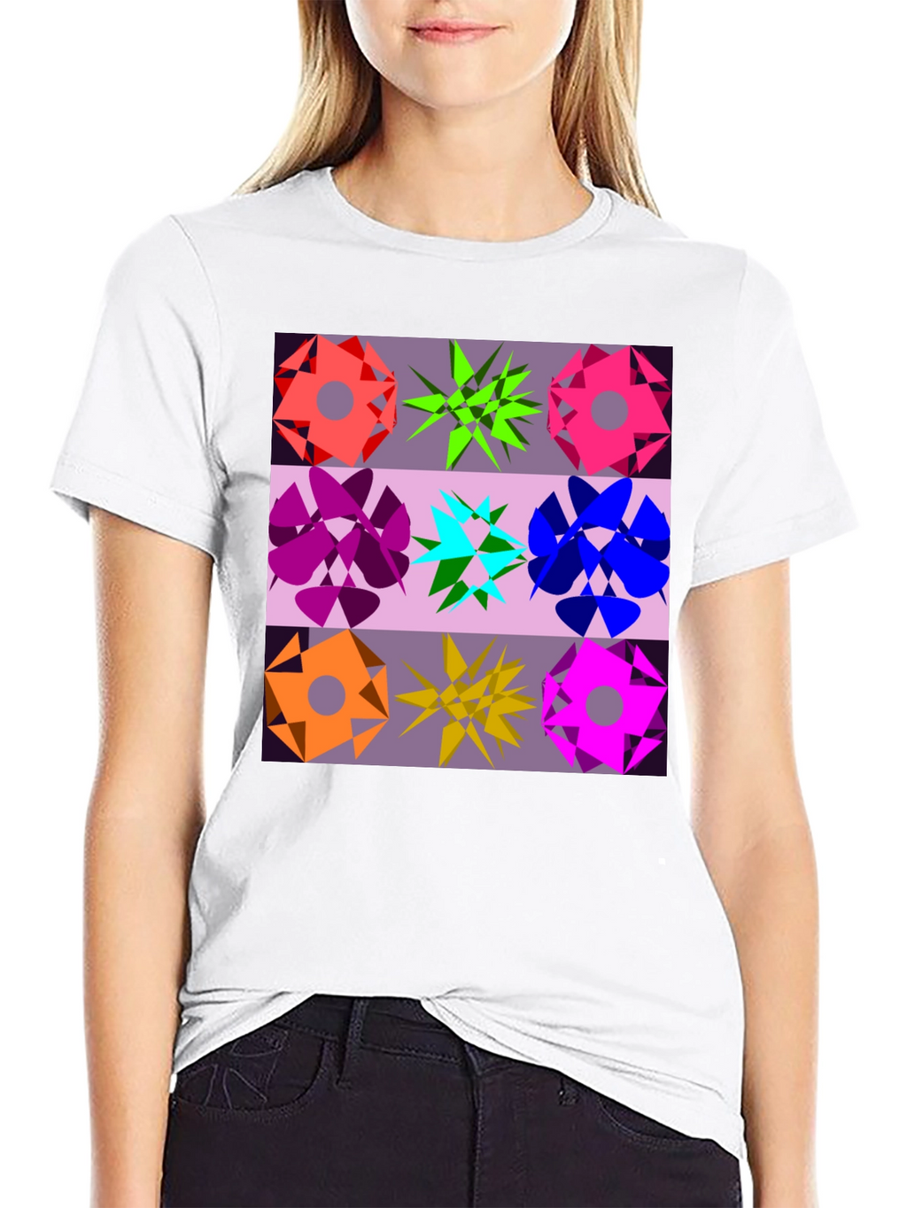 Geometric Flower Graphic Tee - Black