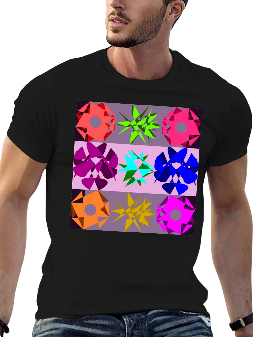 Geometric Flower Graphic Tee - Black
