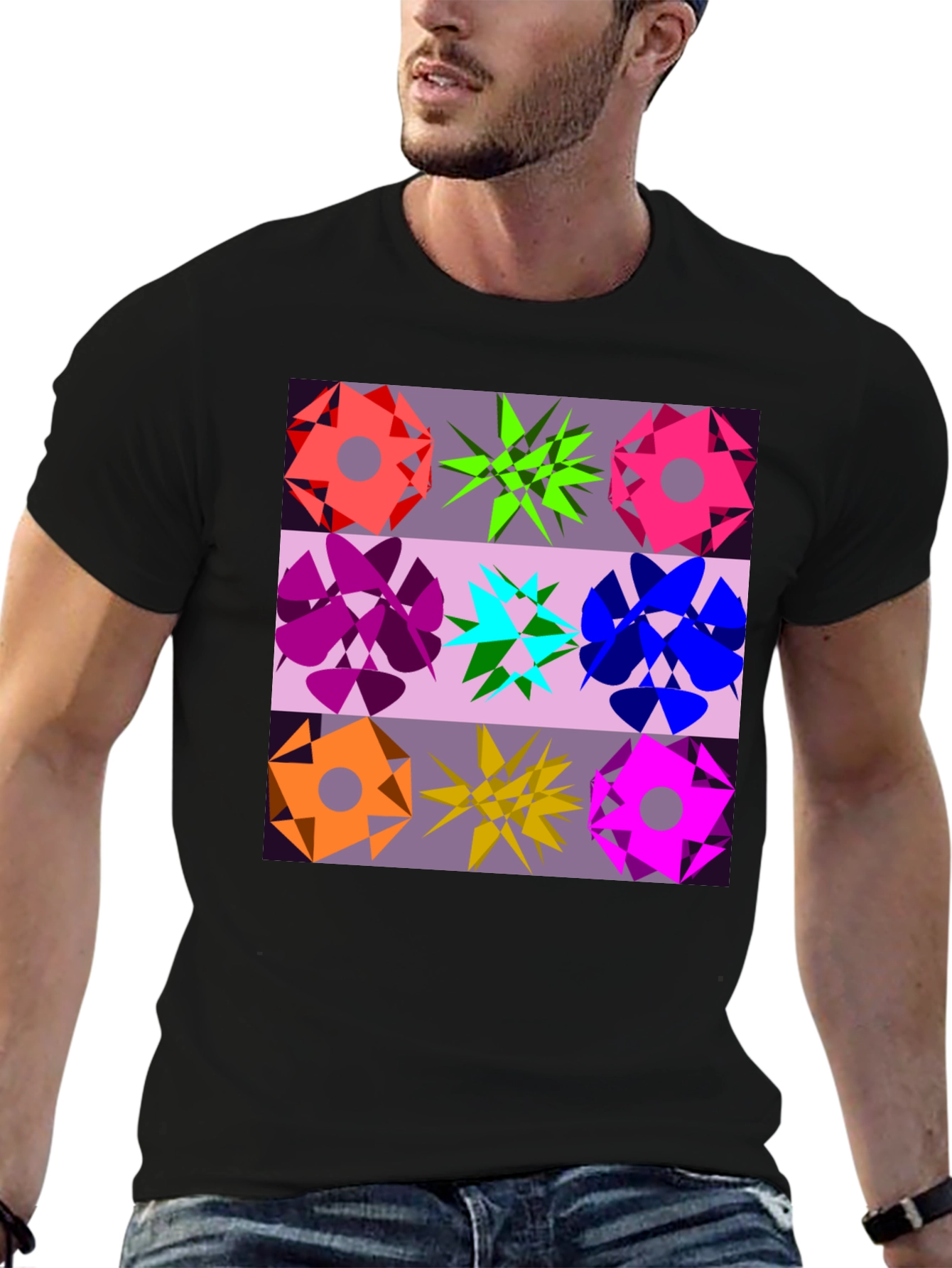 Geometric Flower Graphic Tee - Black