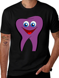 Funny Tooth Cartoon Graphic Tee - Black Cotton T-Shirt
