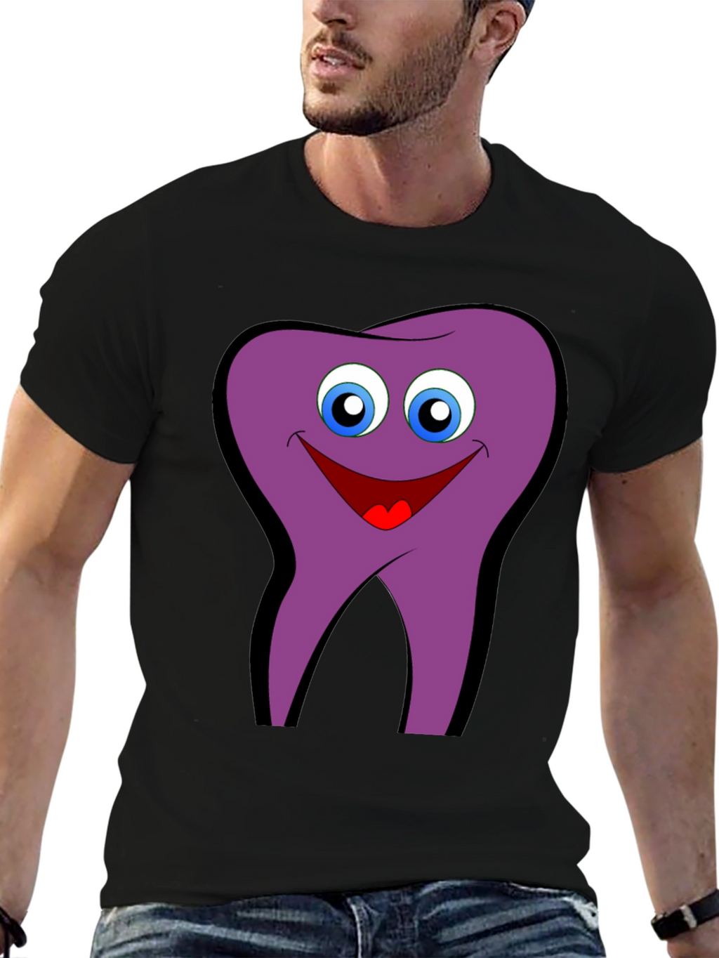 Funny Tooth Cartoon Graphic Tee - Black Cotton T-Shirt