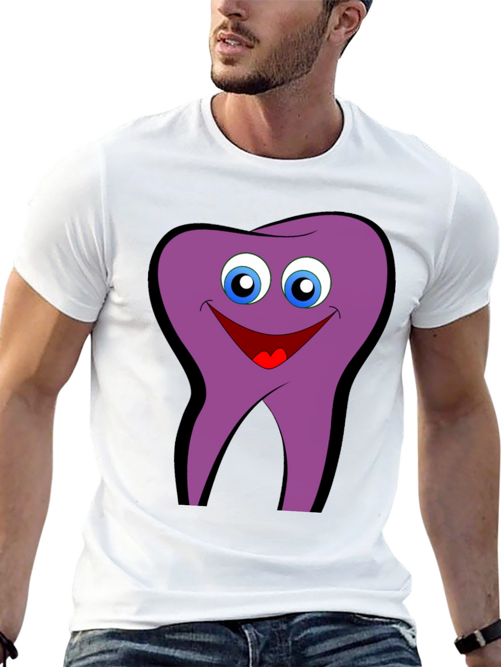 Funny Tooth Cartoon Graphic Tee - Black Cotton T-Shirt