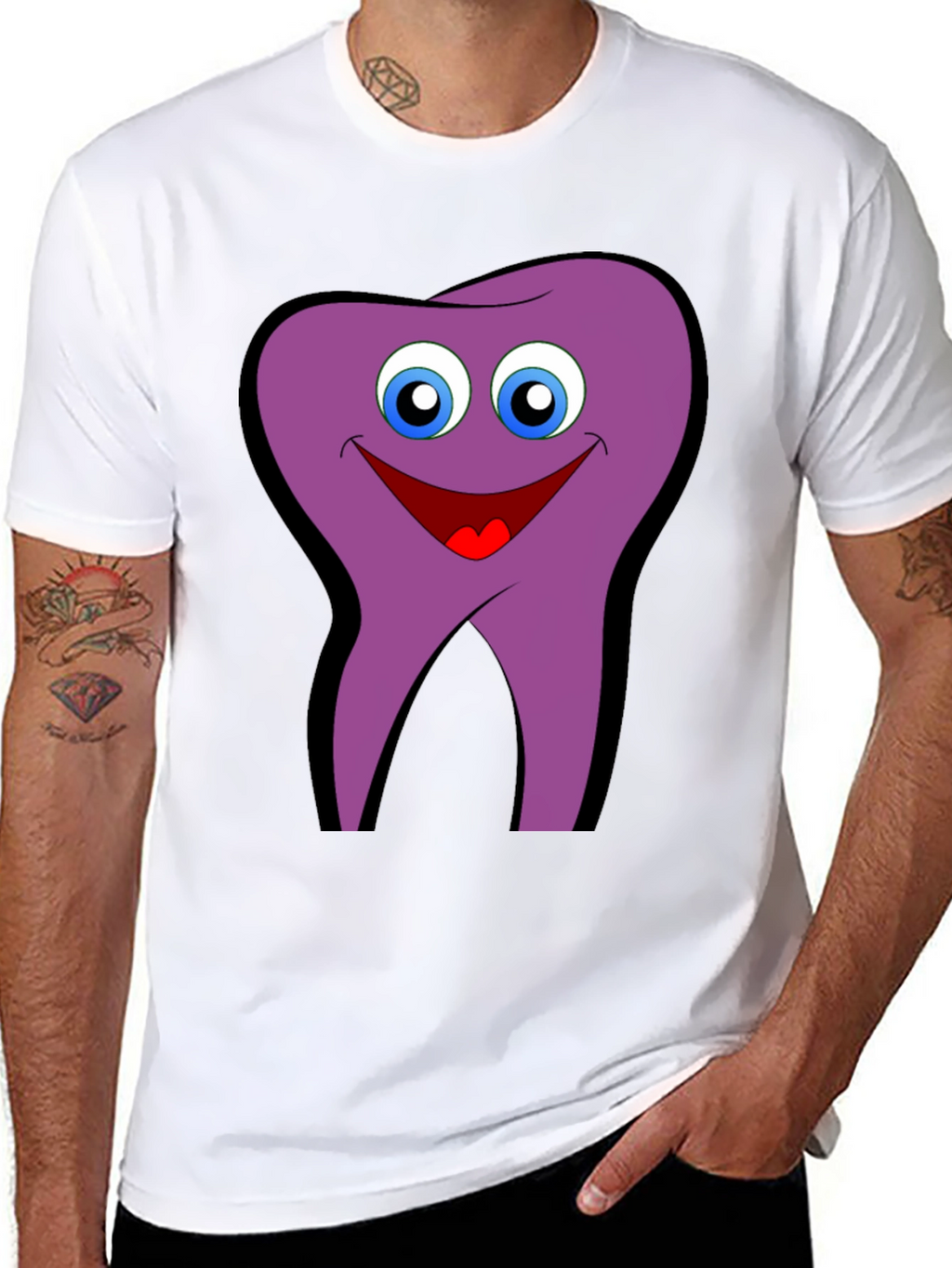 Funny Tooth Cartoon Graphic Tee - Black Cotton T-Shirt