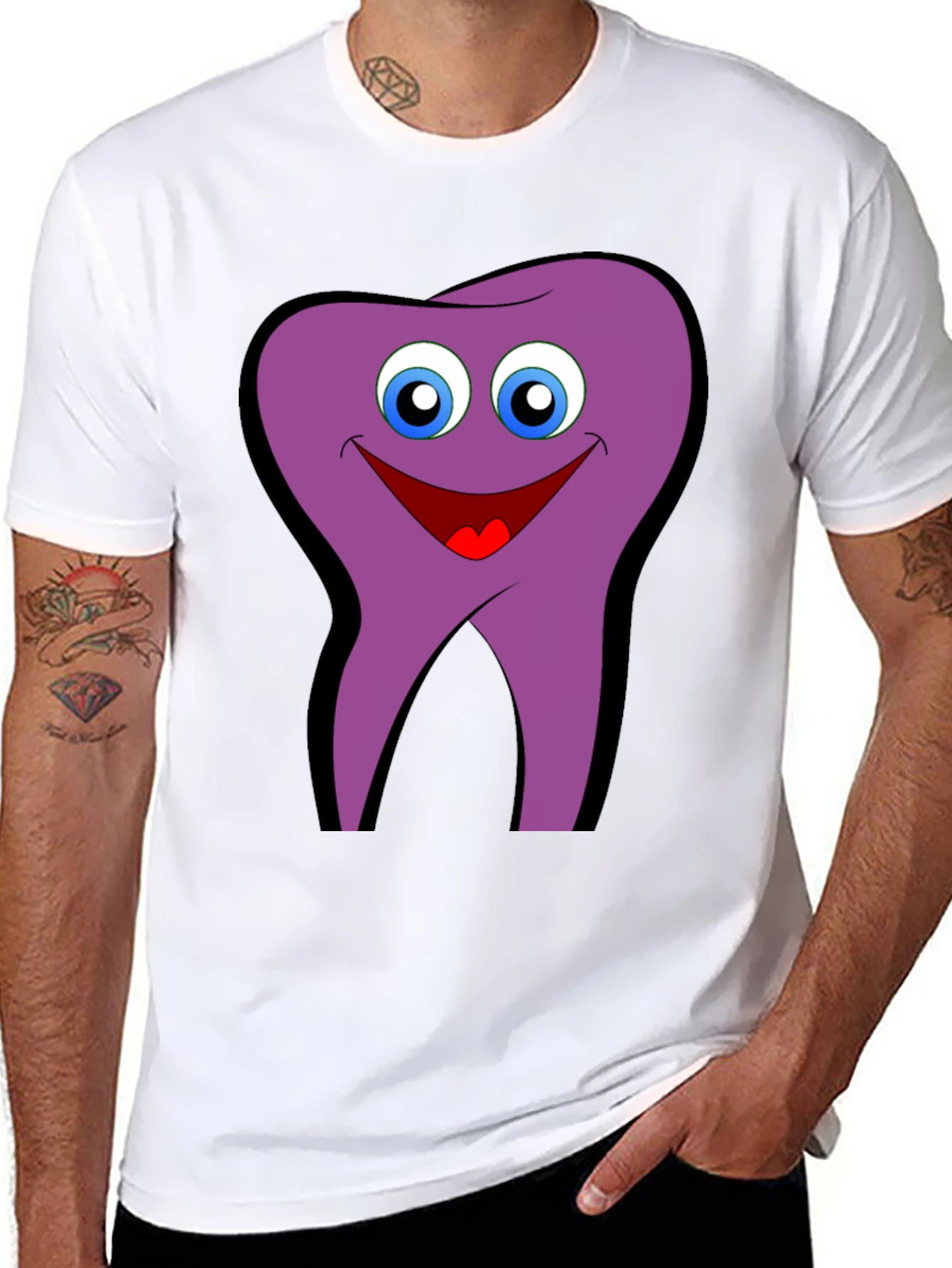Funny Tooth Cartoon Graphic Tee - Black Cotton T-Shirt