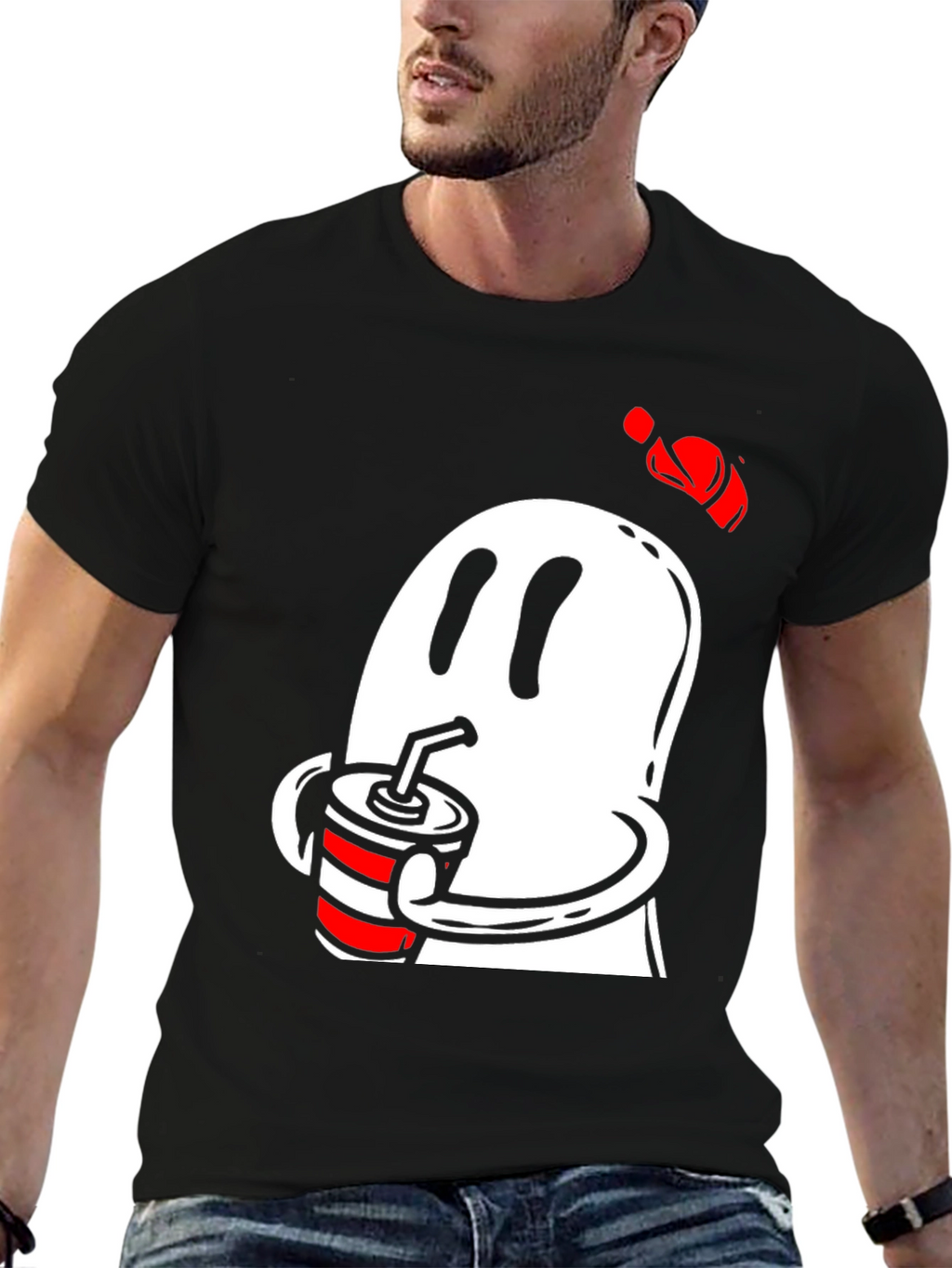 Ghost Drinking Soda Mens Black T-Shirt