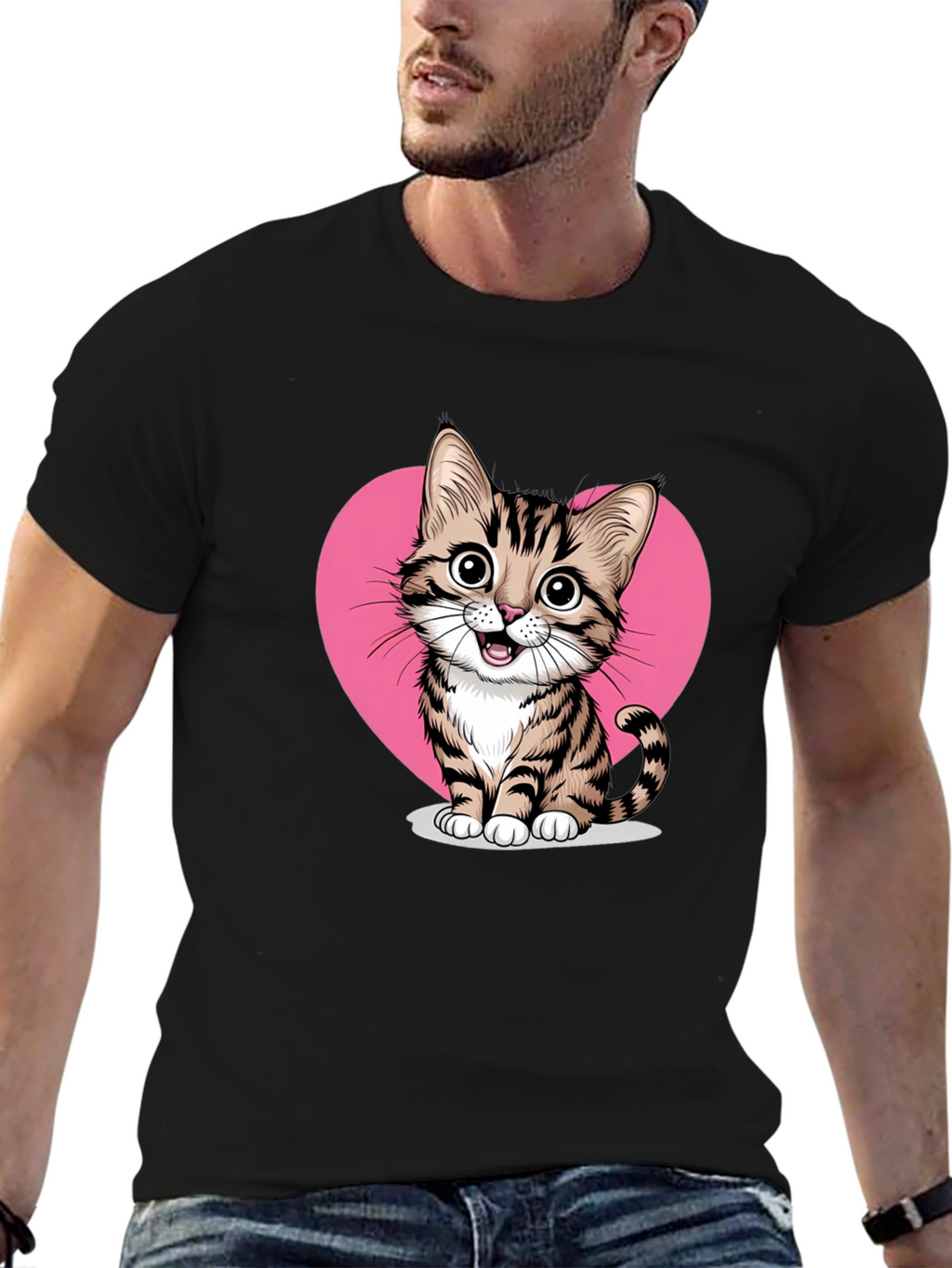 Cute Cat Heart Graphic Tee - Black