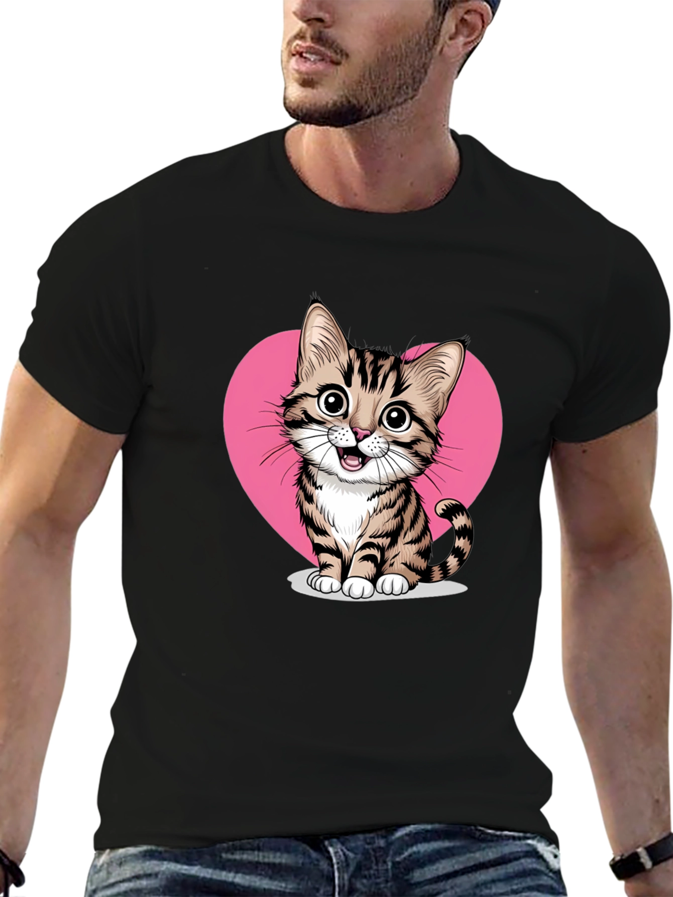 Cute Cat Heart Graphic Tee - Black