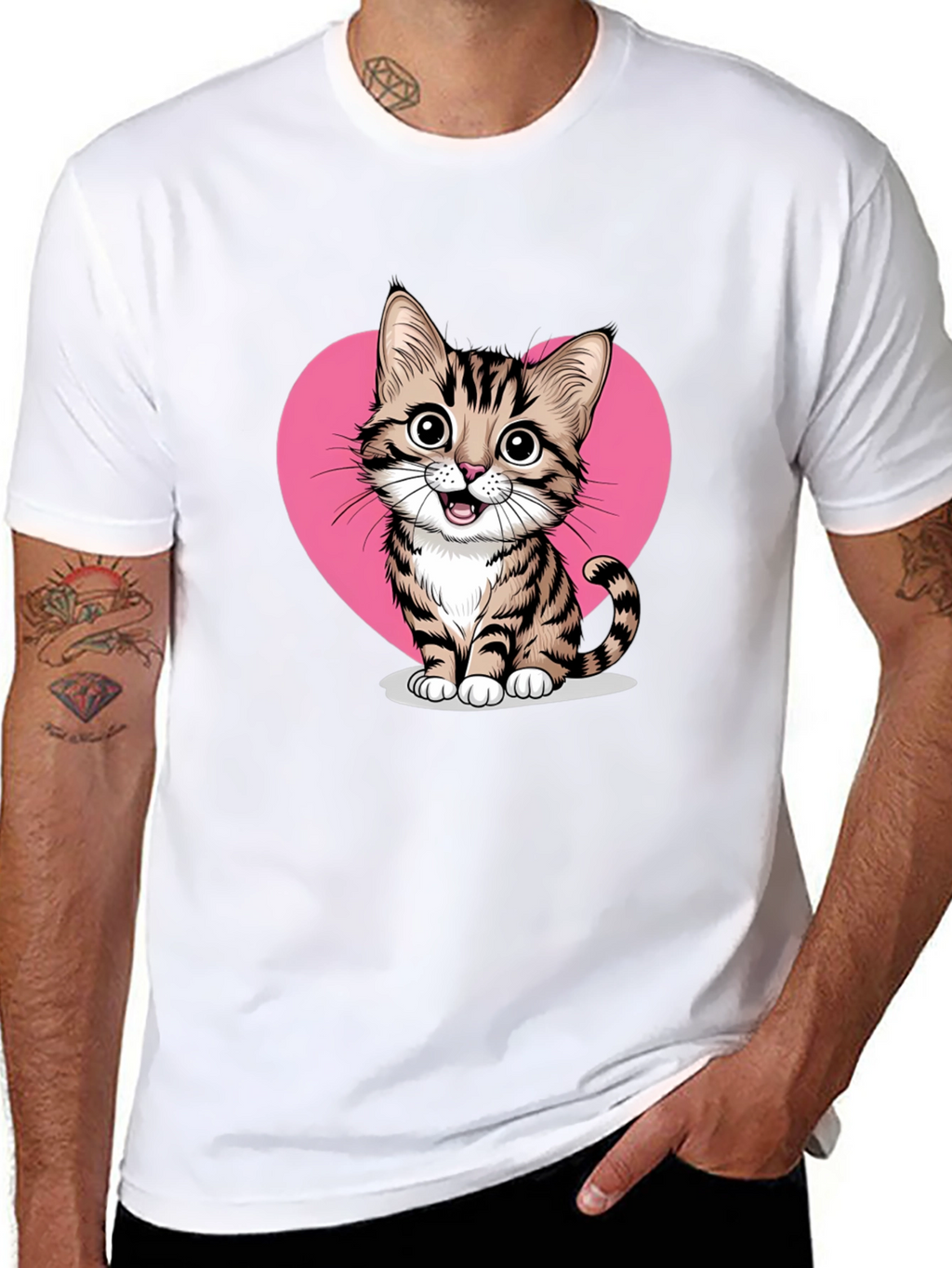 Cute Cat Heart Graphic Tee - Black