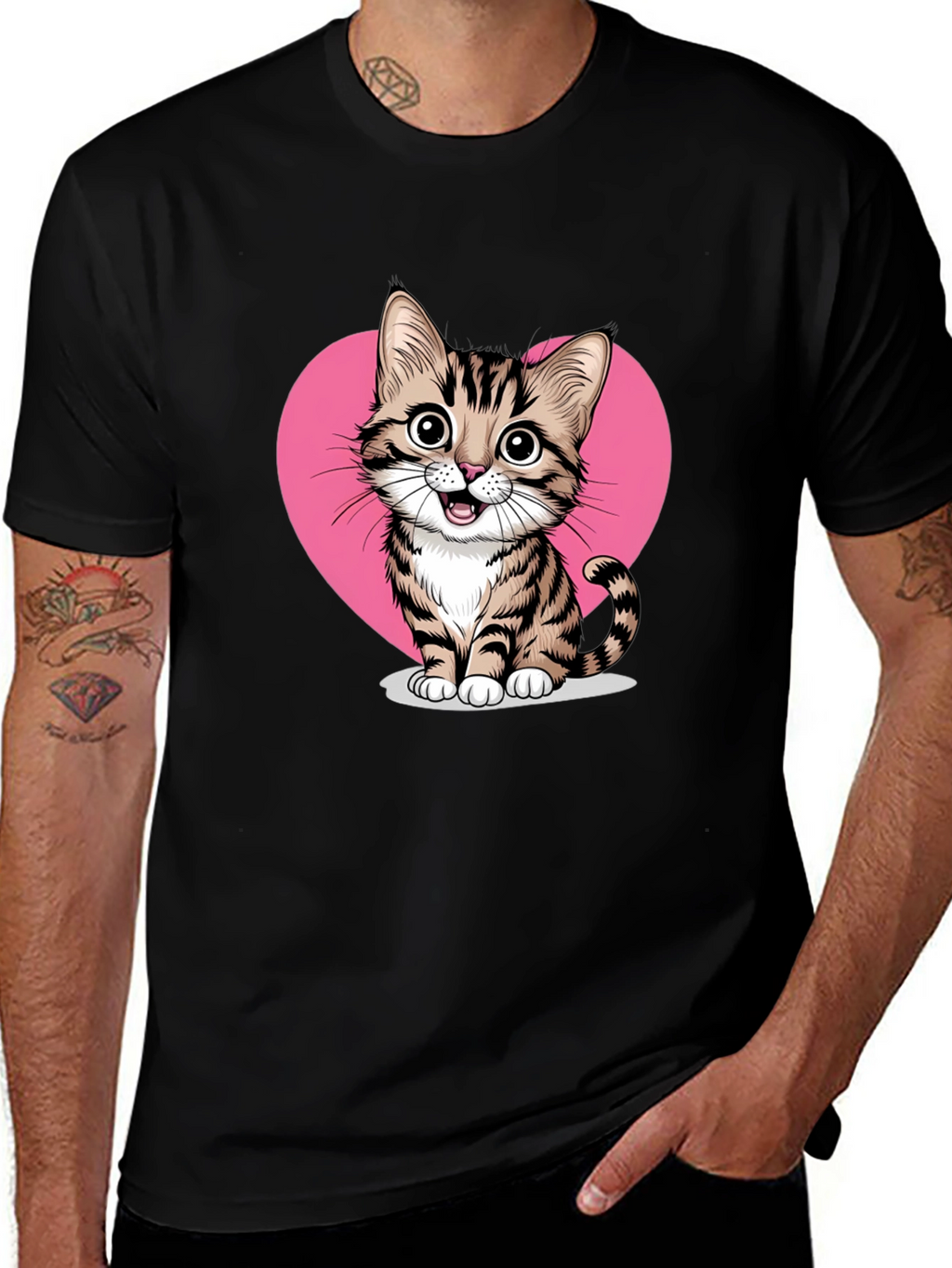 Cute Cat Heart Graphic Tee - Black