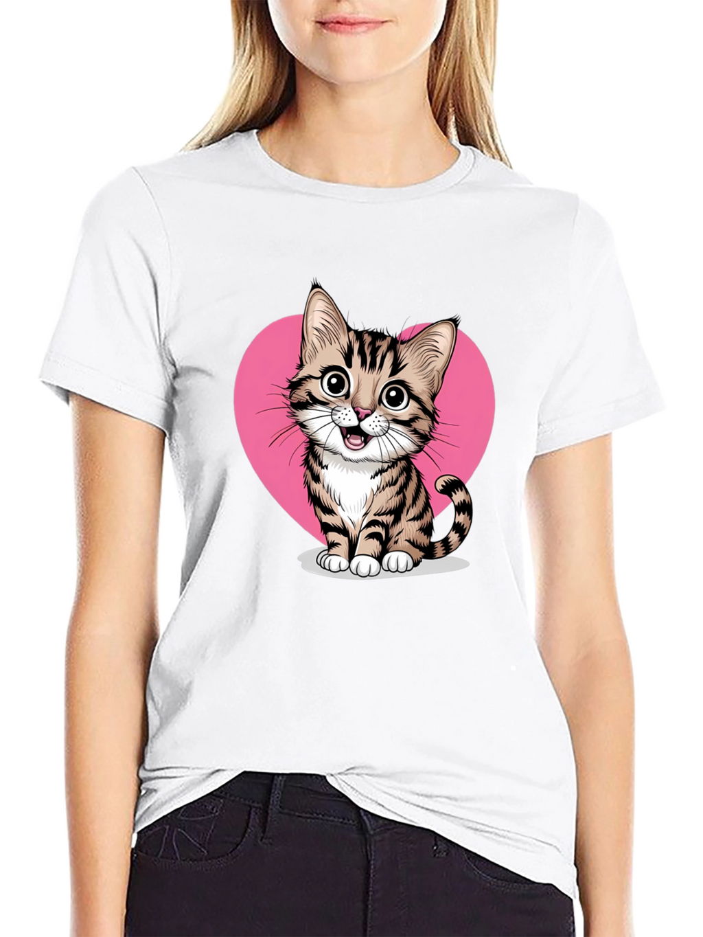 Cute Cat Heart Graphic Tee - Black