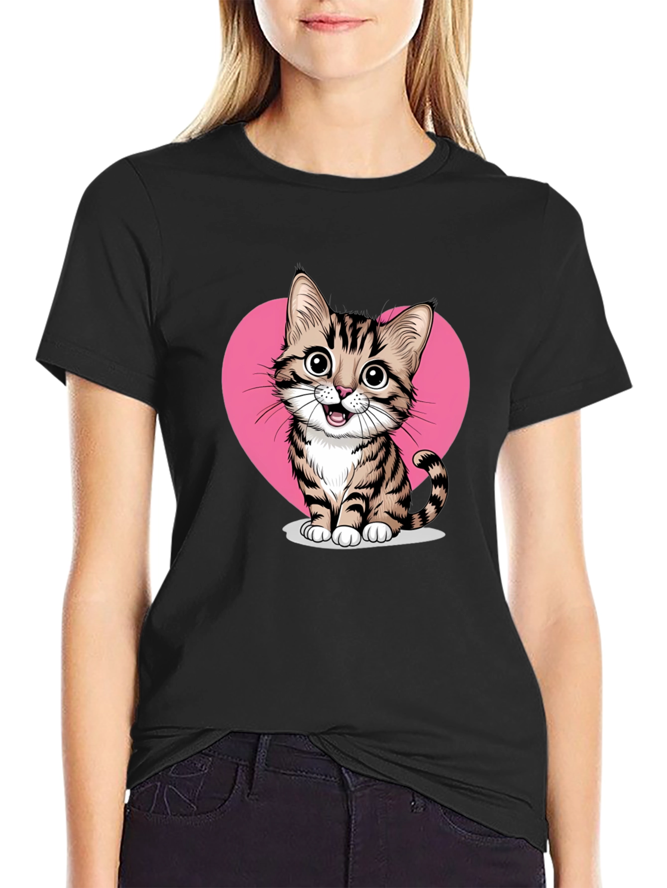 Cute Cat Heart Graphic Tee - Black