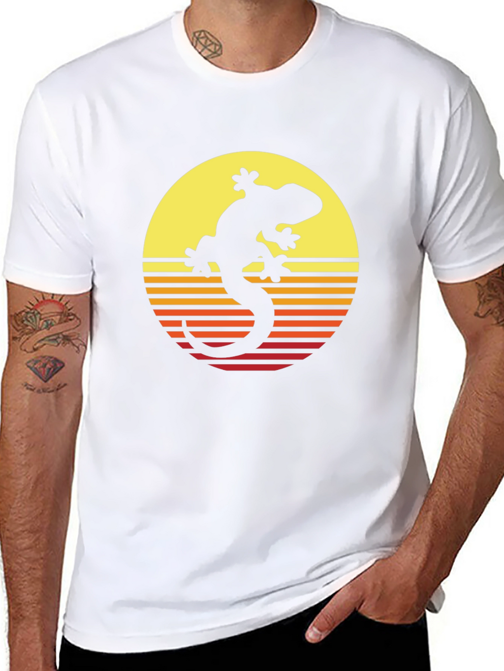 Retro Gecko Sunset Graphic Tee - Cool Black T-Shirt