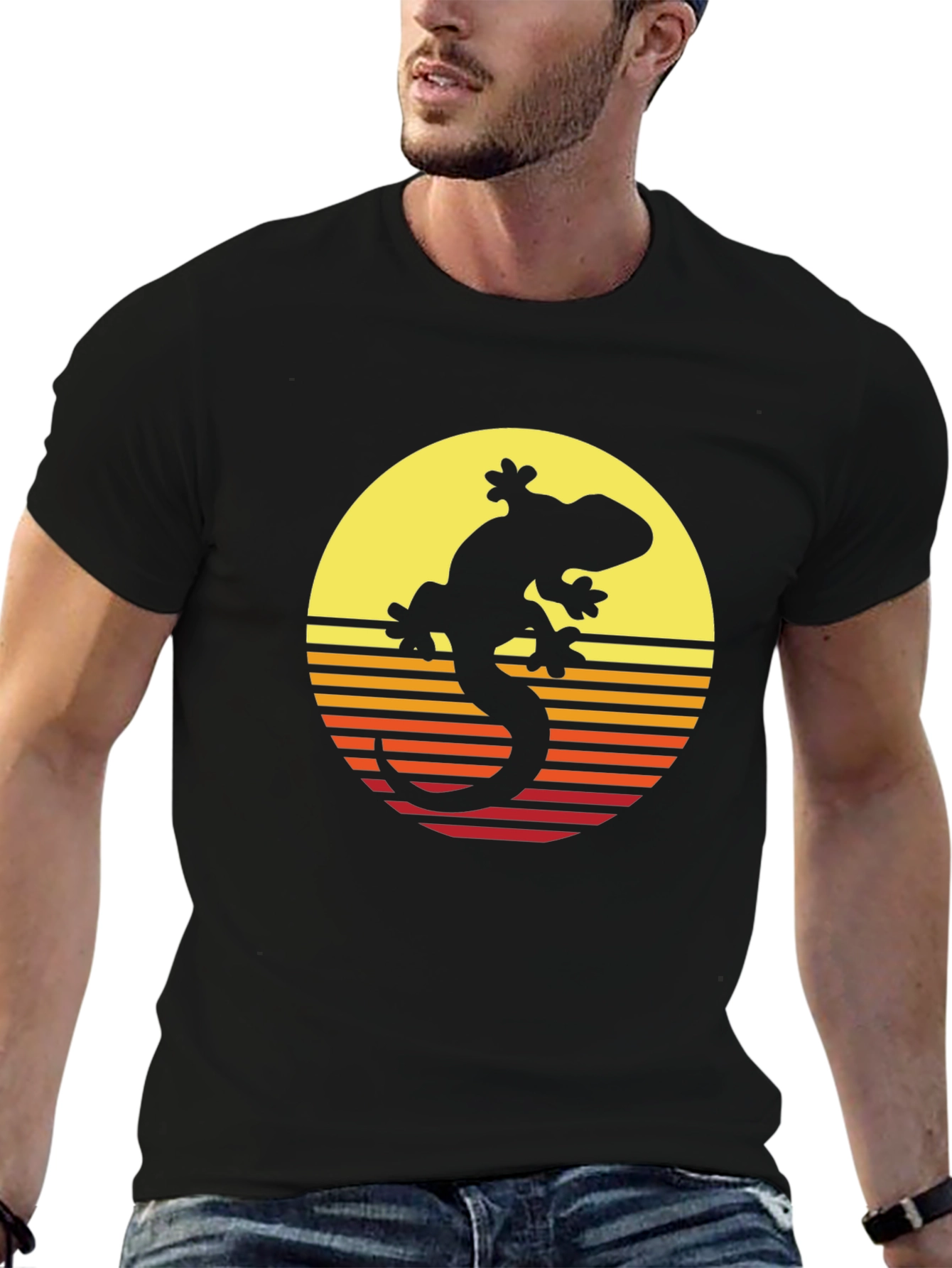 Retro Gecko Sunset Graphic Tee - Cool Black T-Shirt