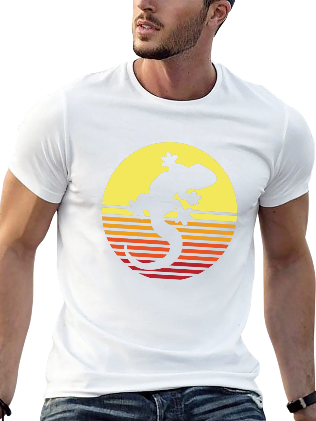Retro Gecko Sunset Graphic Tee - Cool Black T-Shirt
