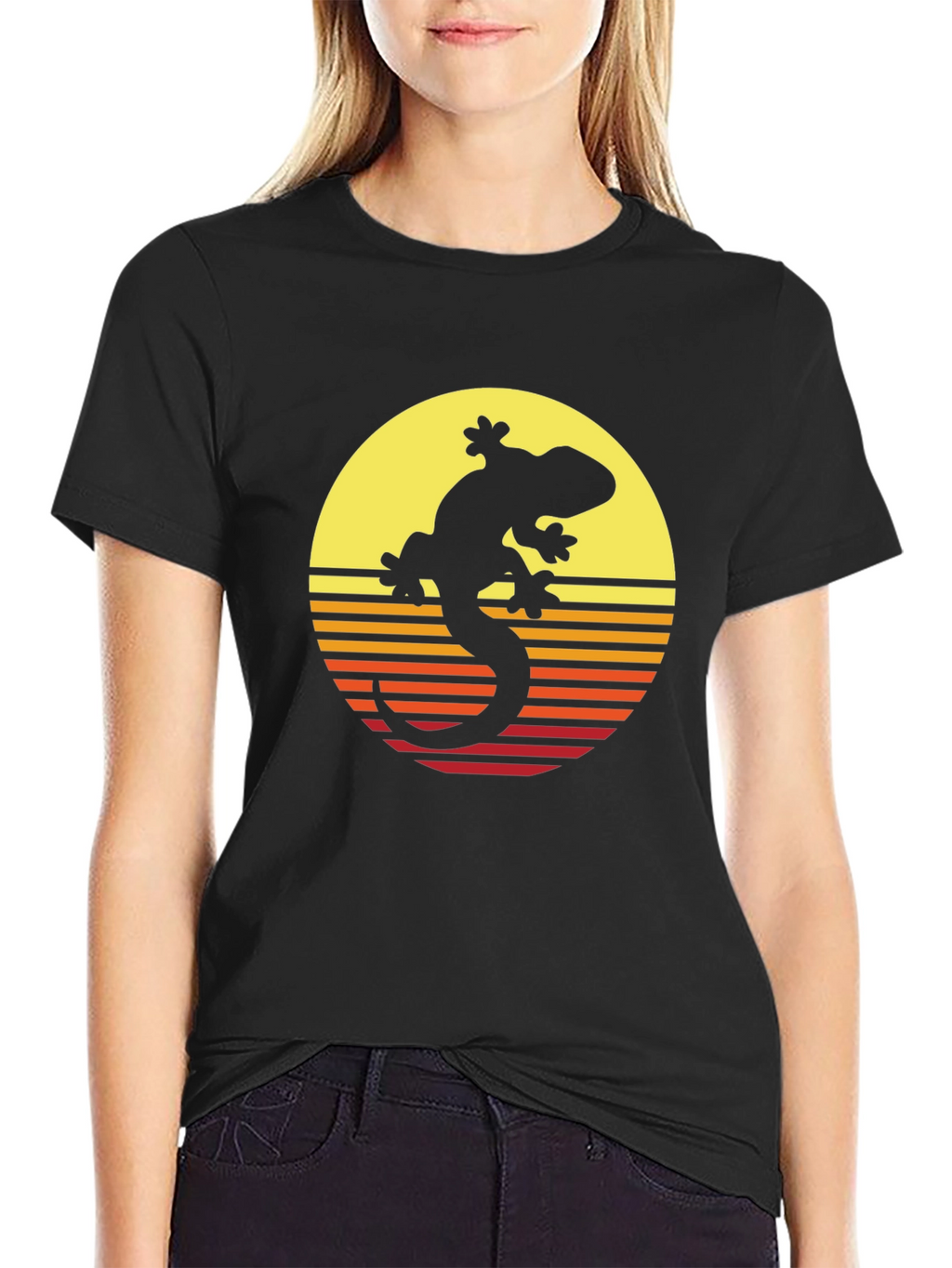 Retro Gecko Sunset Graphic Tee - Cool Black T-Shirt
