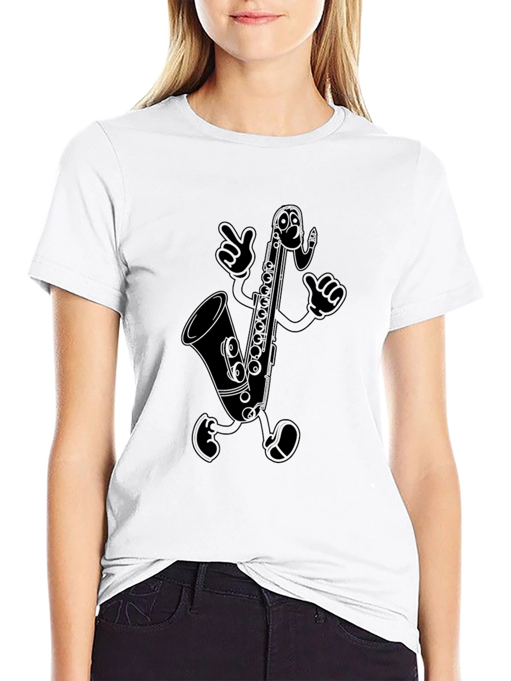 Saxophone Cartoon Character Black T-Shirt