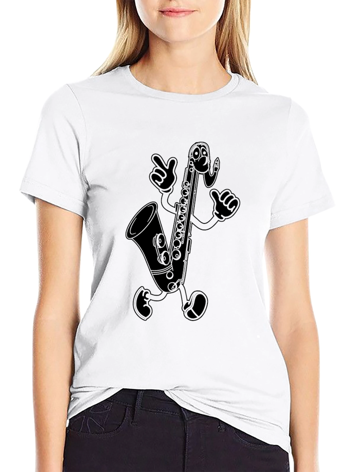 Saxophone Cartoon Character Black T-Shirt