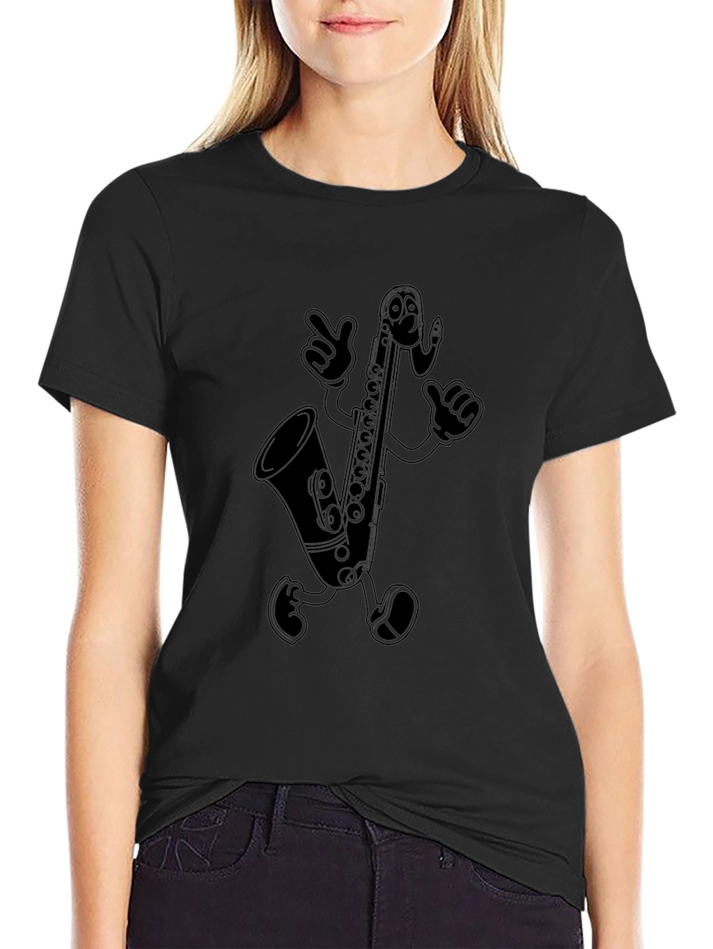 Saxophone Cartoon Character Black T-Shirt