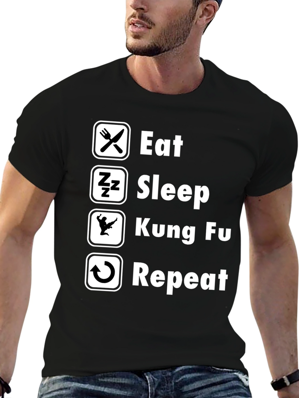 Eat Sleep Kung Fu Repeat Black Graphic Tee
