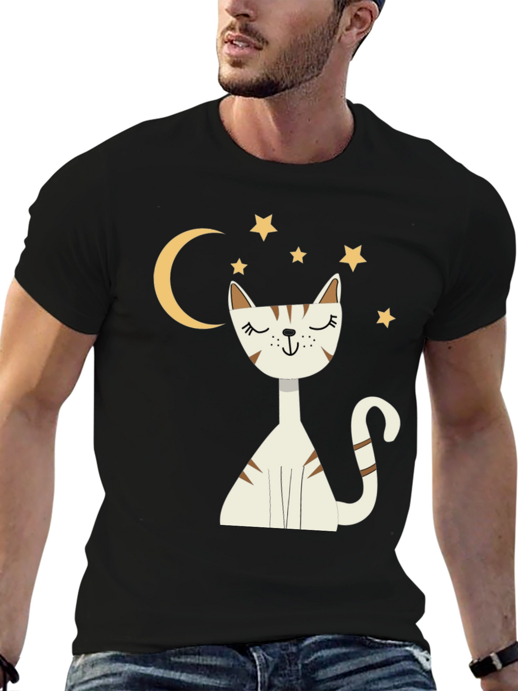 Cute Cat Moon & Stars Graphic Black T-Shirt
