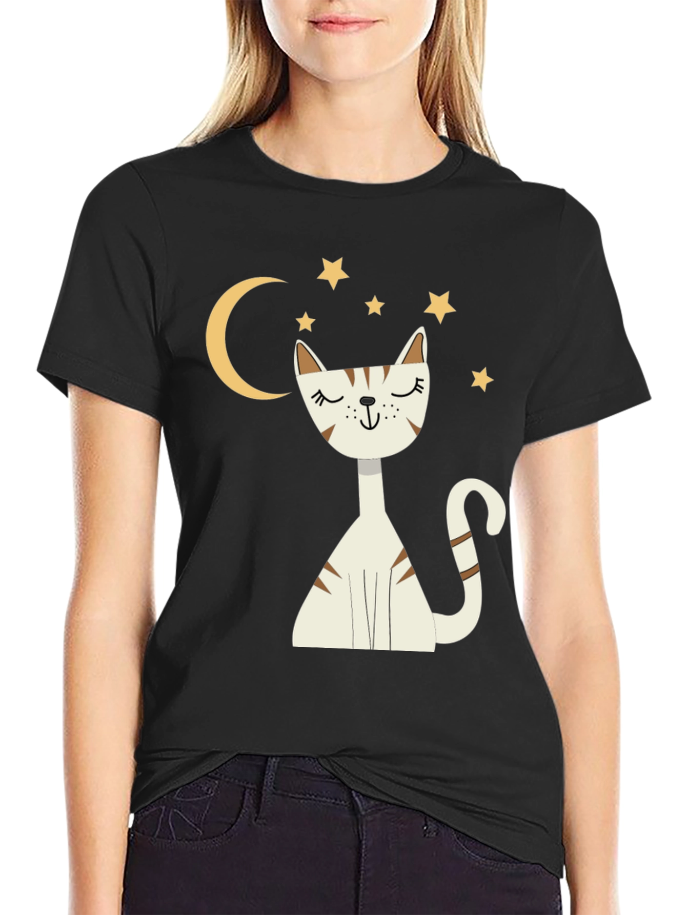 Cute Cat Moon & Stars Graphic Black T-Shirt