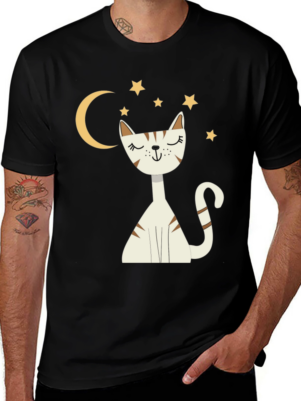 Cute Cat Moon & Stars Graphic Black T-Shirt