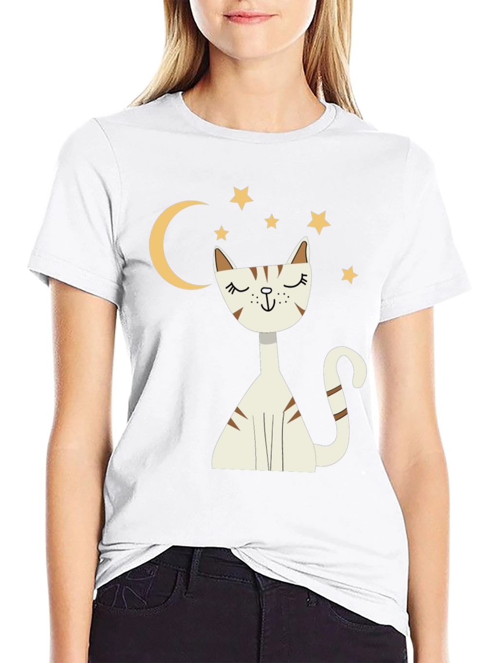 Cute Cat Moon & Stars Graphic Black T-Shirt