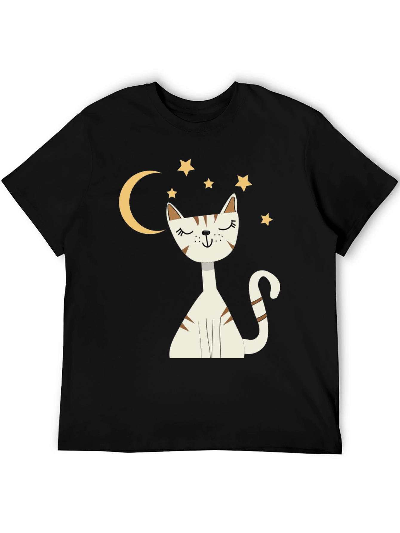Cute Cat Moon & Stars Graphic Black T-Shirt