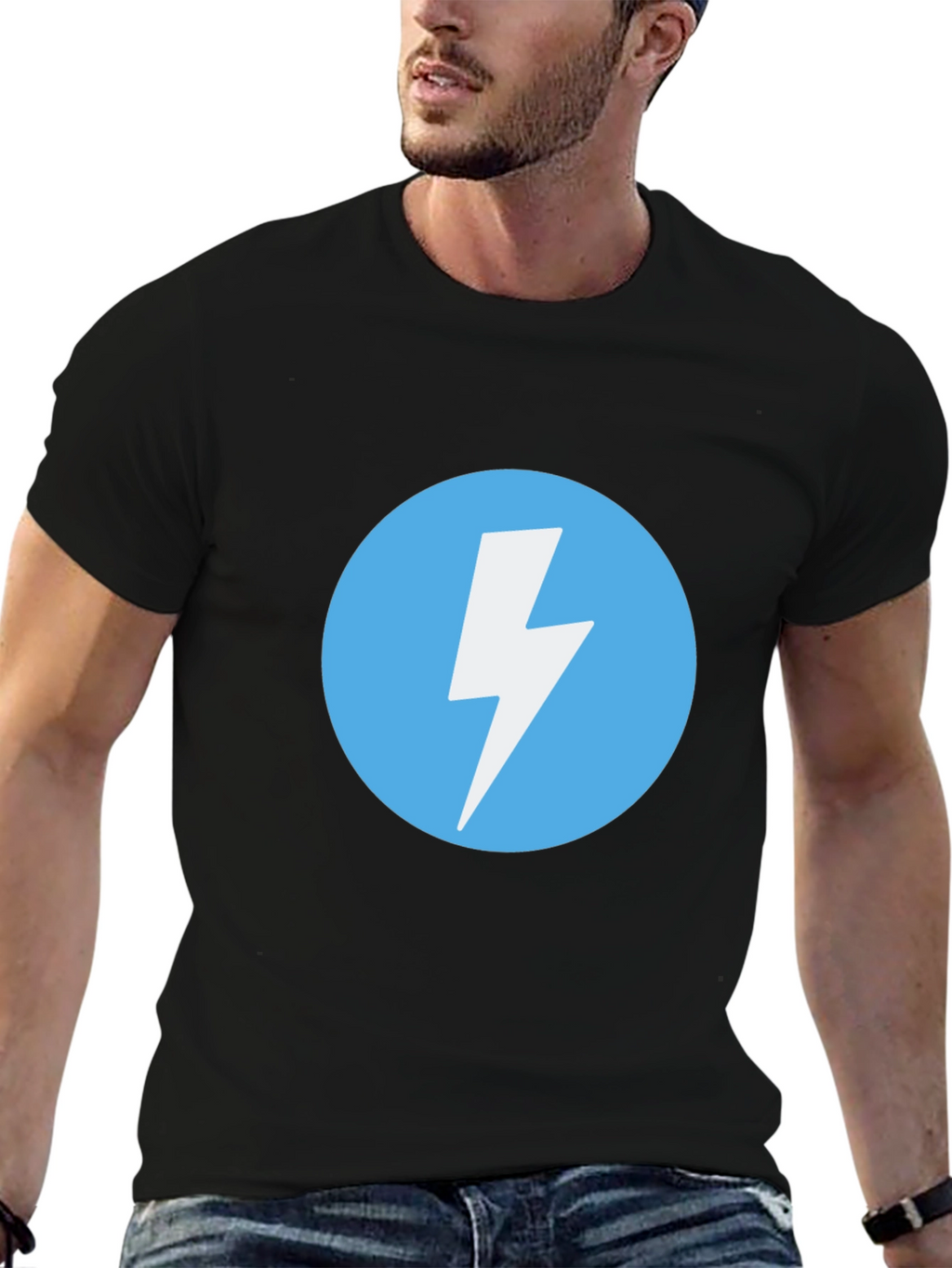 Black T-Shirt with Lightning Bolt Circle Graphic