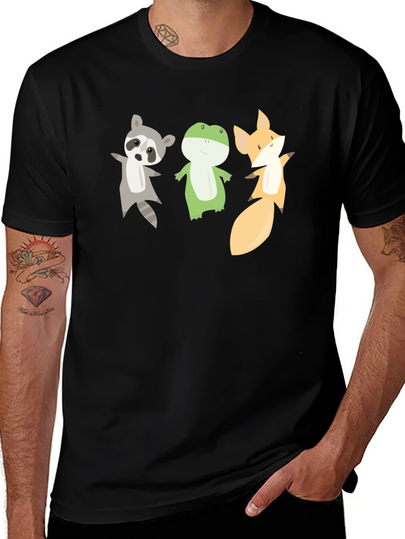 Cartoon Animal Trio Black T-Shirt