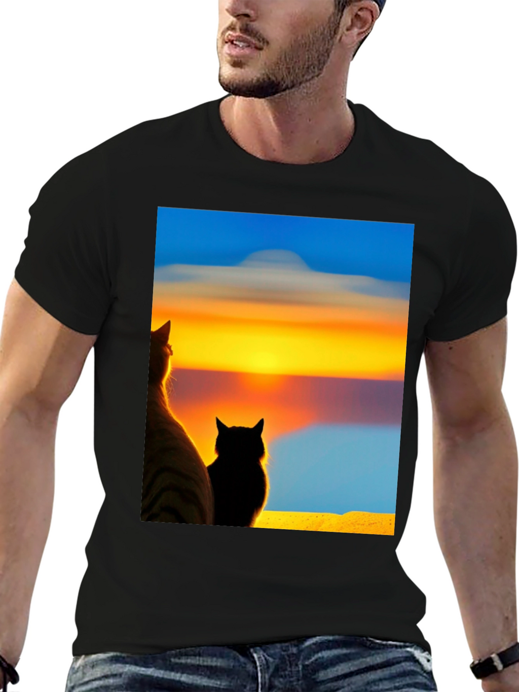 Sunset Cats Black T-Shirt