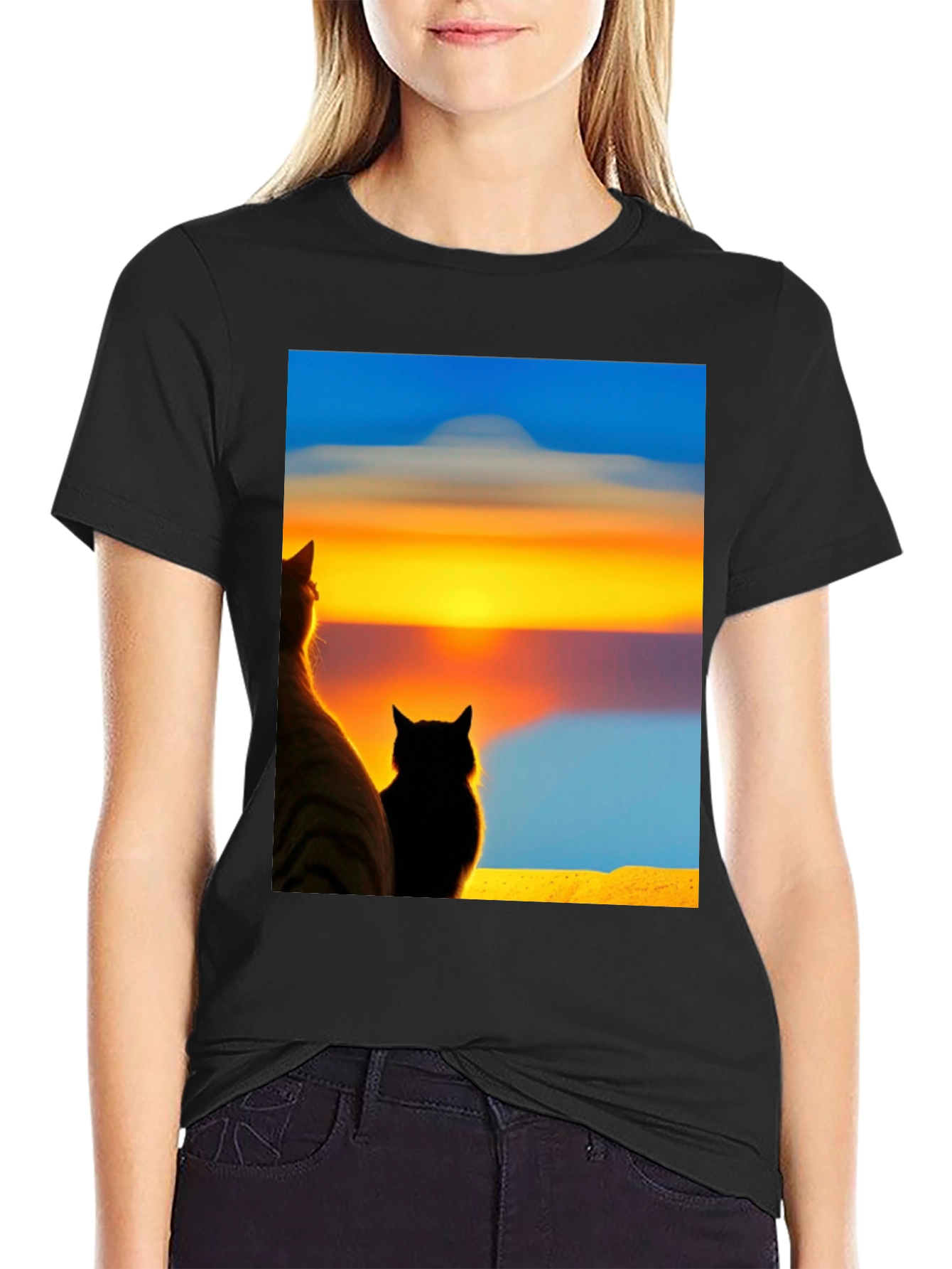 Sunset Cats Black T-Shirt
