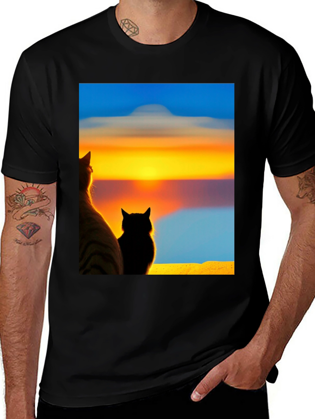 Sunset Cats Black T-Shirt