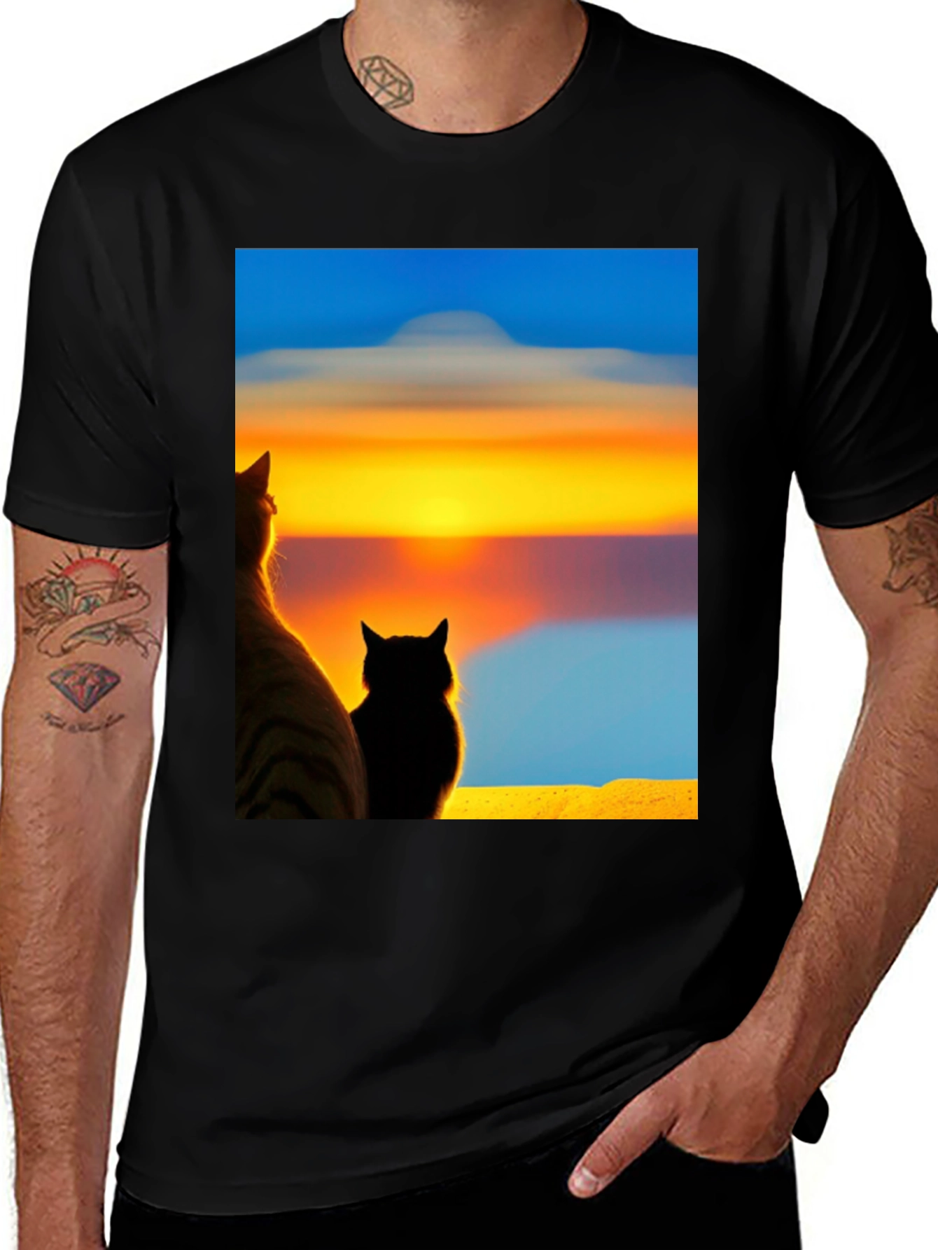 Sunset Cats Black T-Shirt