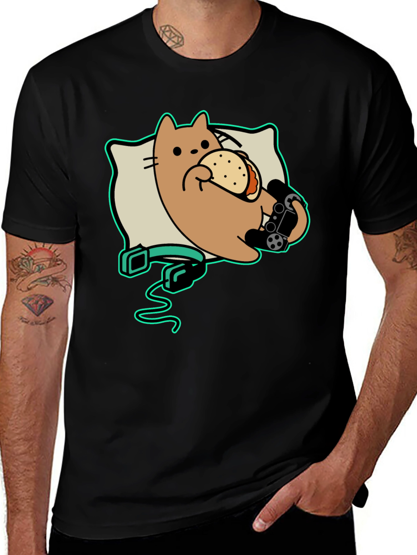 Gamer Cat Taco Black T-Shirt