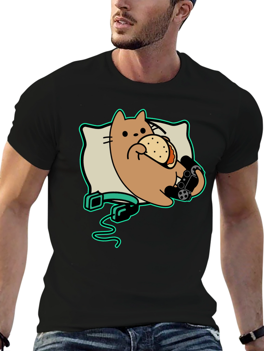 Gamer Cat Taco Black T-Shirt