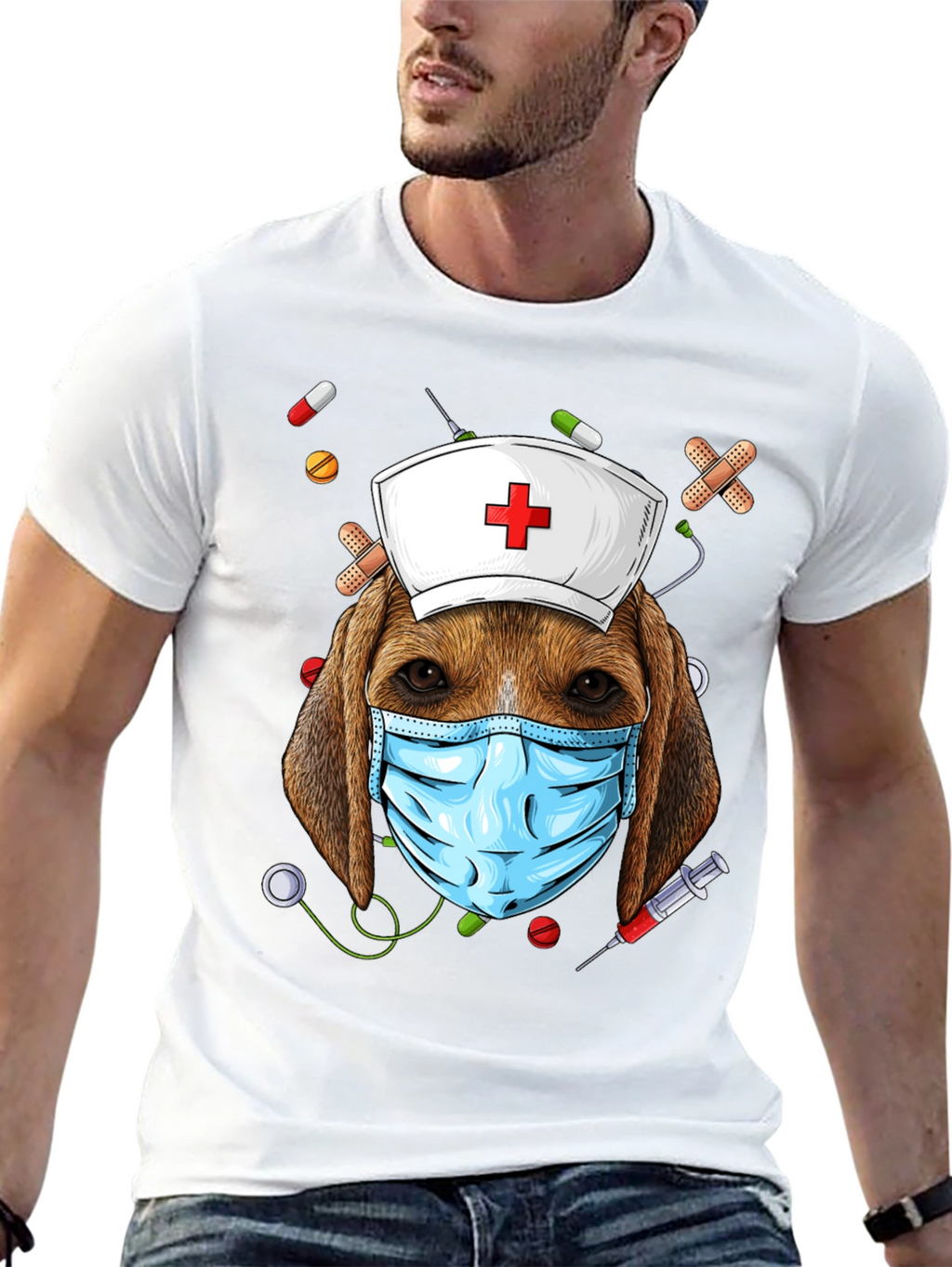 Dog Nurse T-Shirt: Beagle with Mask and Nurse Hat