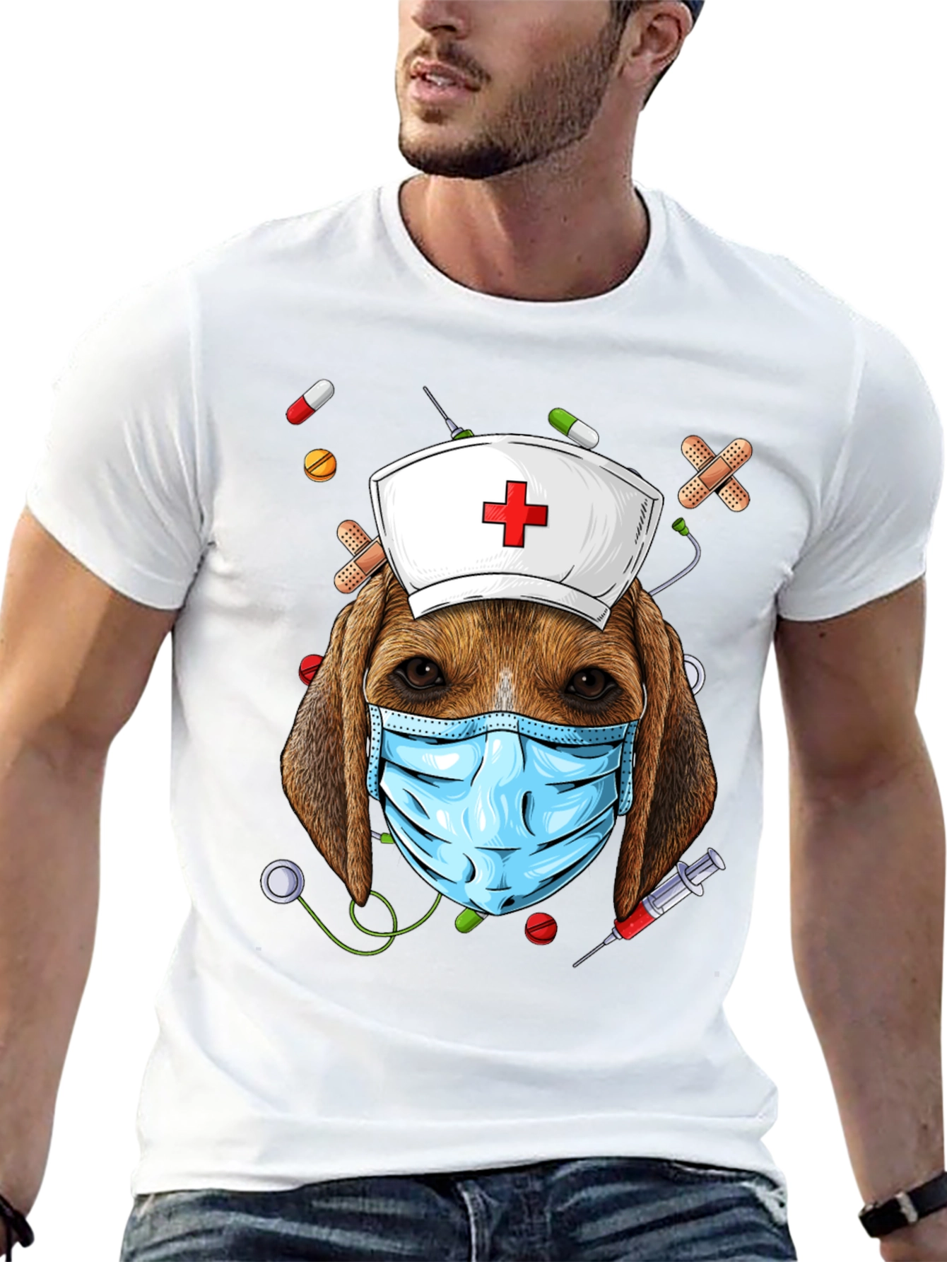 Dog Nurse T-Shirt: Beagle with Mask and Nurse Hat