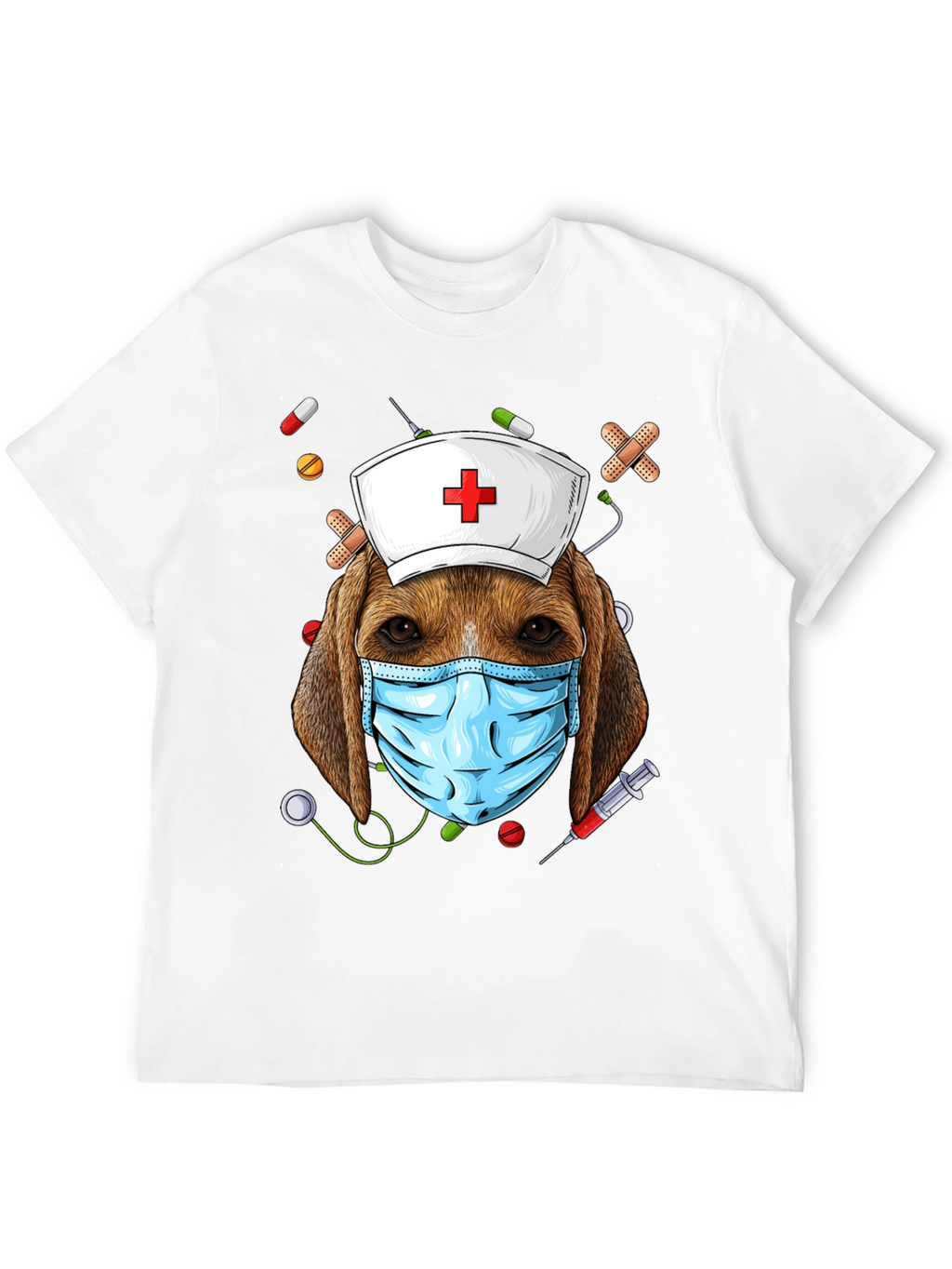 Dog Nurse T-Shirt: Beagle with Mask and Nurse Hat